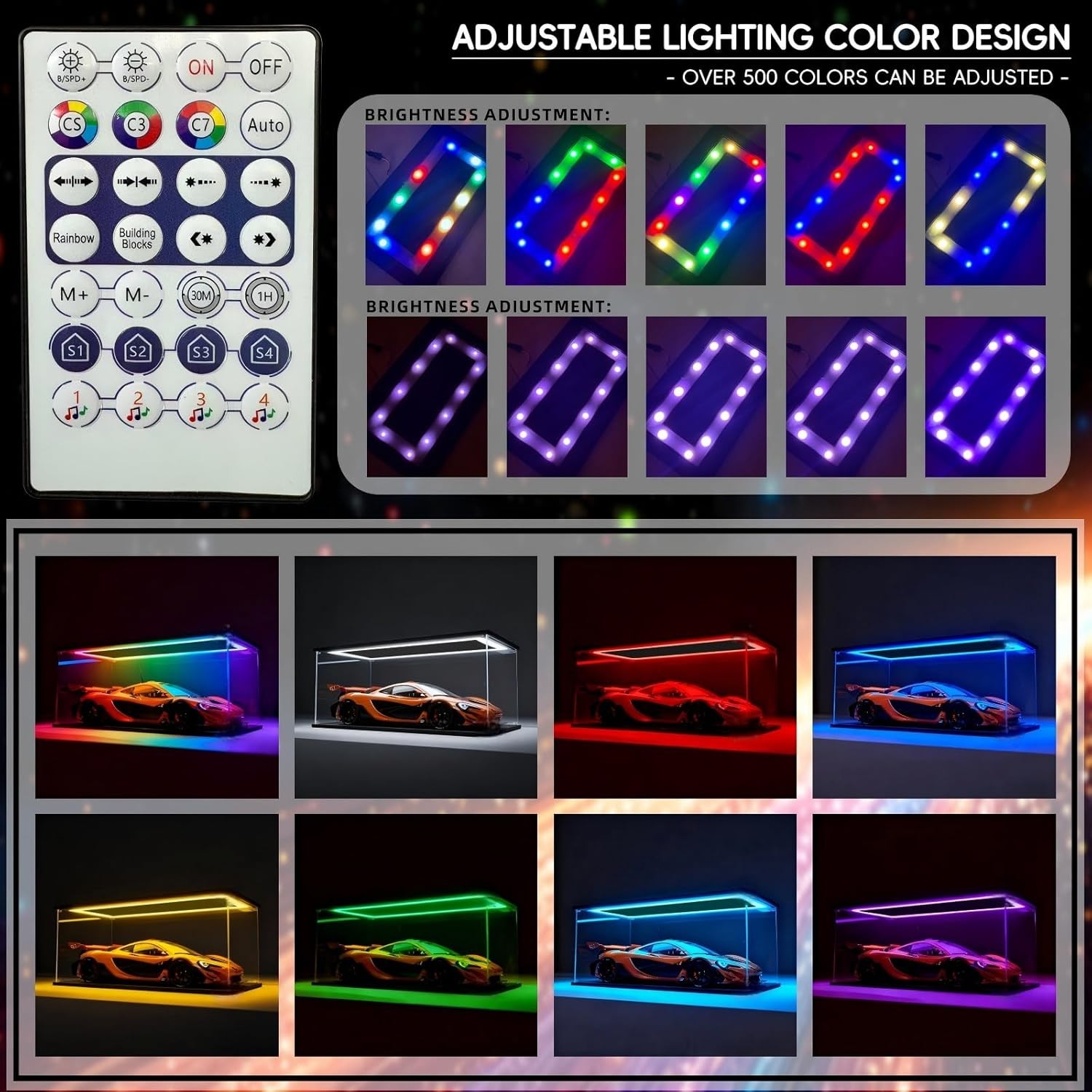 Car Display Case Acrylic RGB LED Light 1/18 Rack Nascar Model Diecast Clear Box