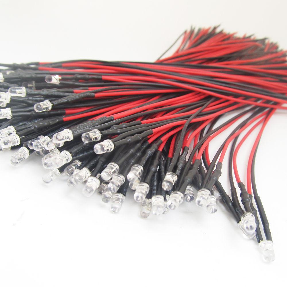 10pcs Transparent 3mm LED in Red/Yellow/Blue/Green Light w/10cm Wire w/Resistor