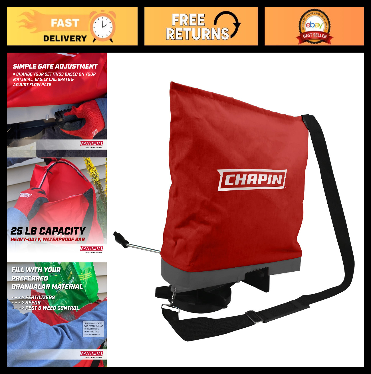 25 lb Handheld Seed Spreader - Waterproof, Adjustable Strap, Enclosed Gears, Mul