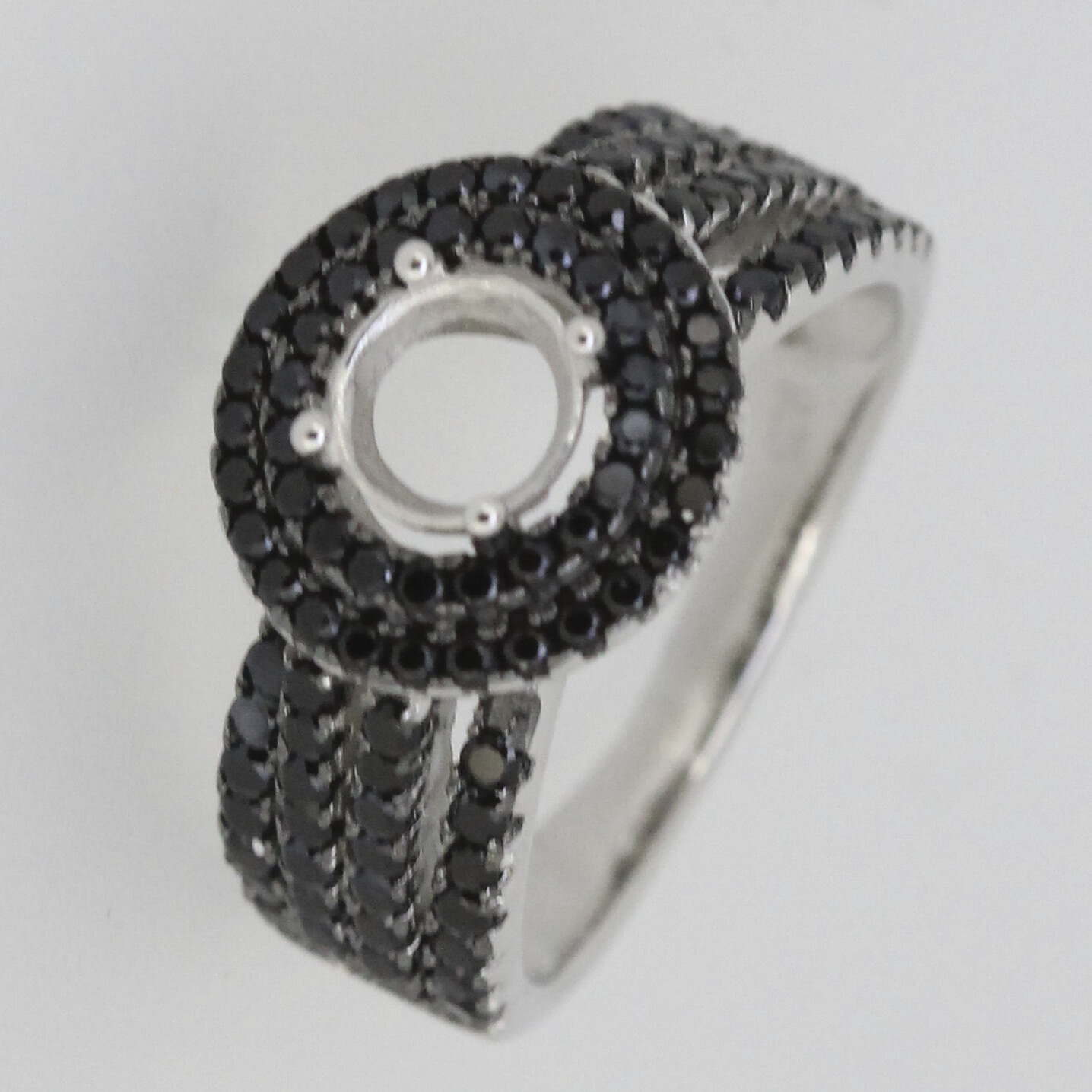 Sterling Silver Semi Mount Ring Setting Round RD 6x6mm Black Spinel Halo