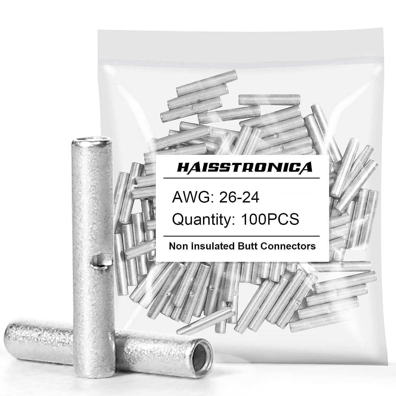 haisstronica Non Insulated Butt Connectors Kit, 100pcs 26-24 AWG, silver