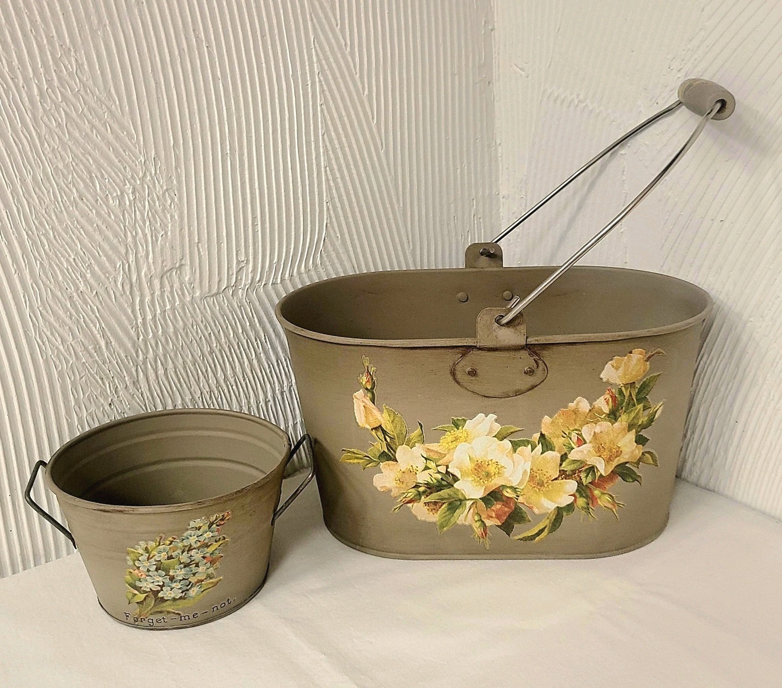 Lot Of 2 Handled Metal Patina Painted Bucket Rose & Poem Decal & 3" Mini Pale