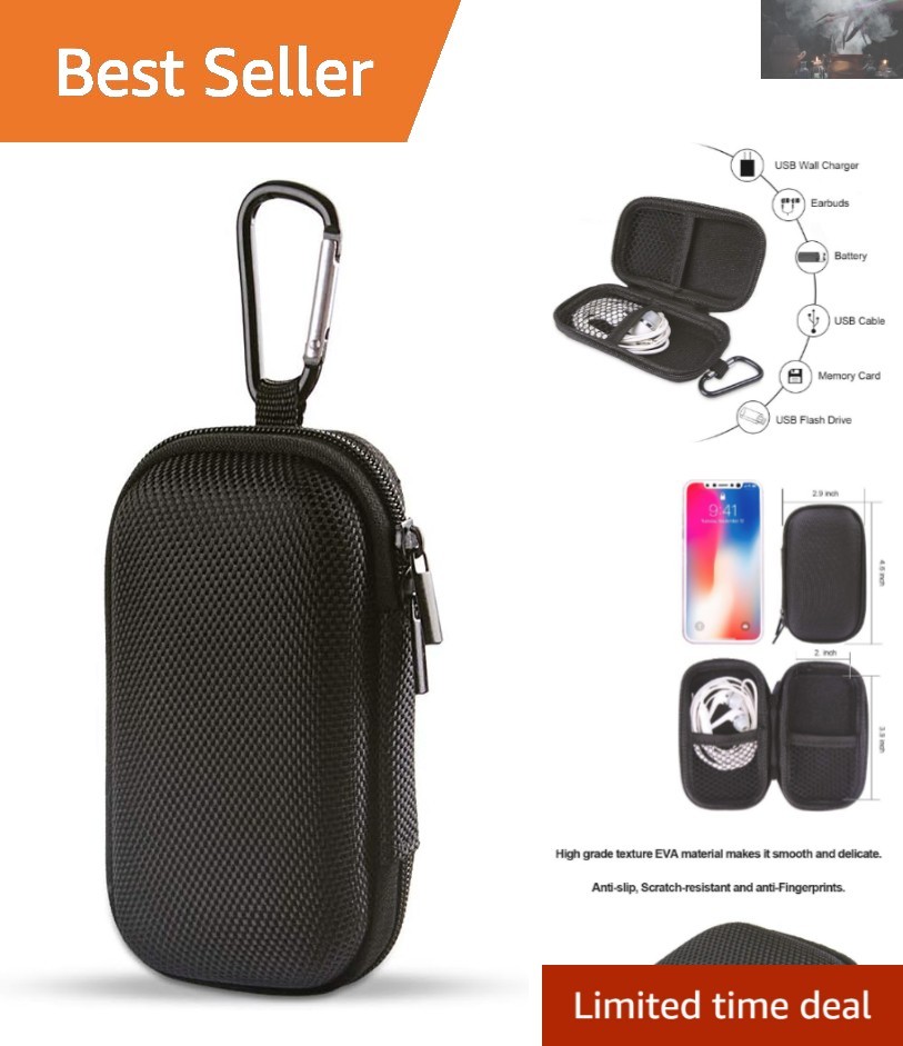 Compact Travel Case with Metal Carabiner for MP3 Players & Earphones - Black