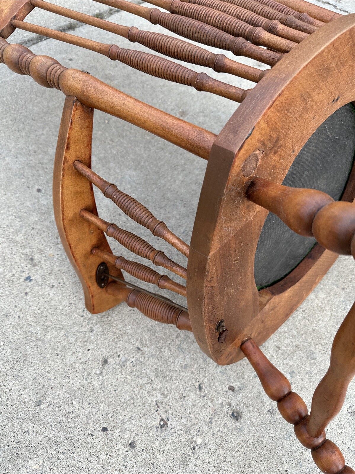 Vintage Victorian Rustic Maple Wood Spindle Back Needlepoint Seat Rocking Chair