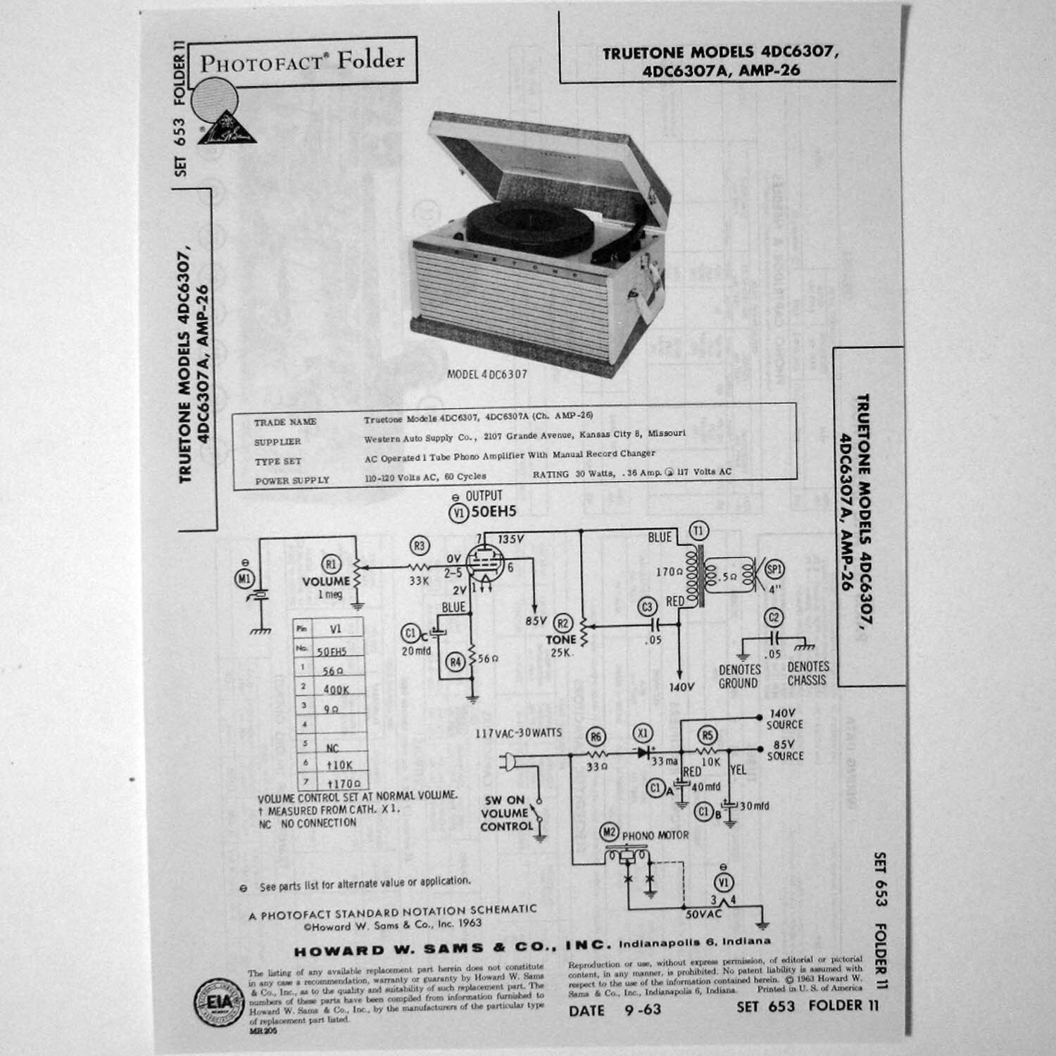 Truetone Models 4DC6307 4DC6307A AMP-26 Phonograph SAMS Photofact ™ 1963 New