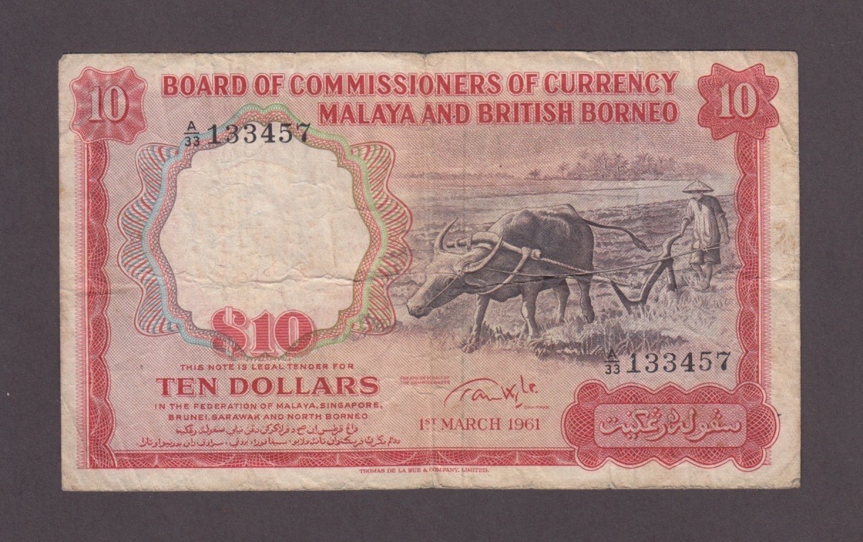 MALAYA & BRITISH BORNEO P.9a-3457  10 DOLLARS 1.3.1961 PFX A/33  F  STAPLE HOLES