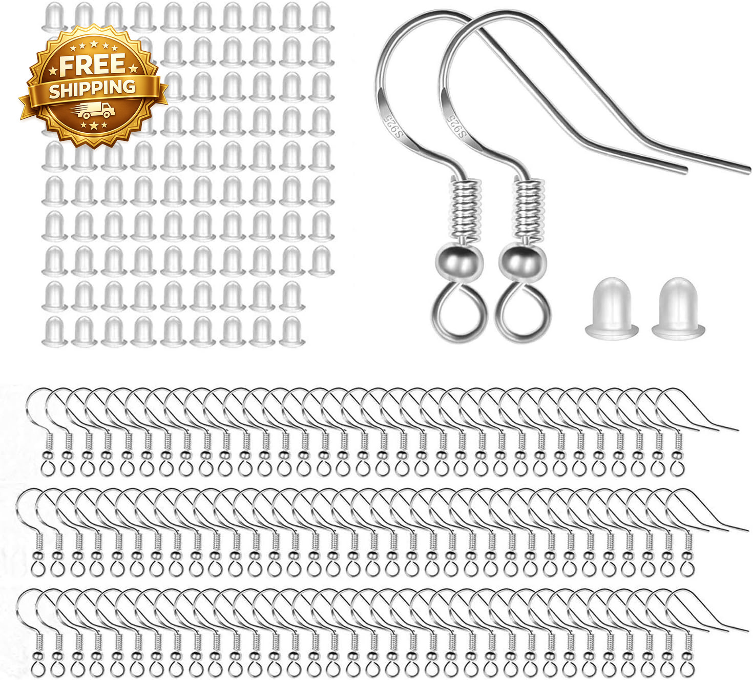 100 PCS / 50 Pairs 925 Sterling Silver Earring Hooks Hook Ear Wires with 100 PCS