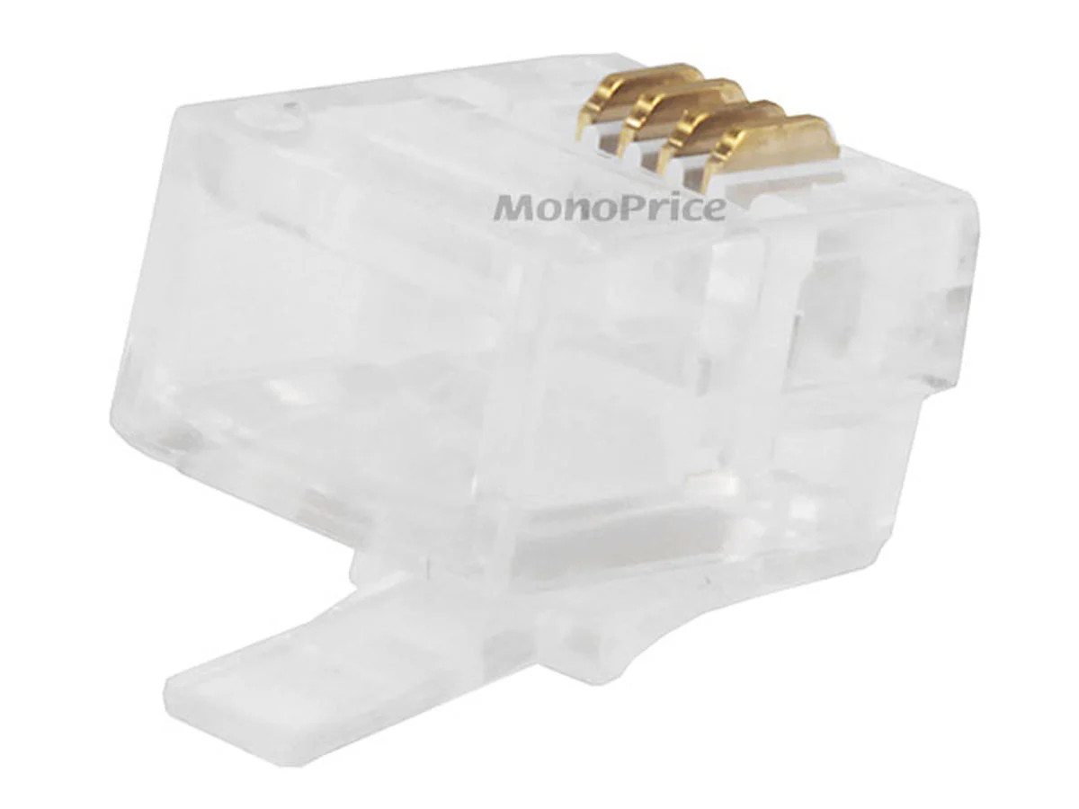 Monoprice 6P4C RJ11 Modular Plugs for Round Solid/Stranded Cable, 3 Prongs,