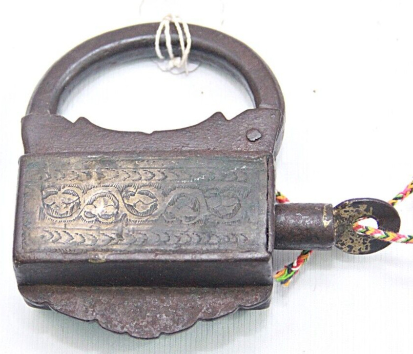 Antique Mughal Padlock: Handmade Brass-Fitted Iron Lock, Collectible