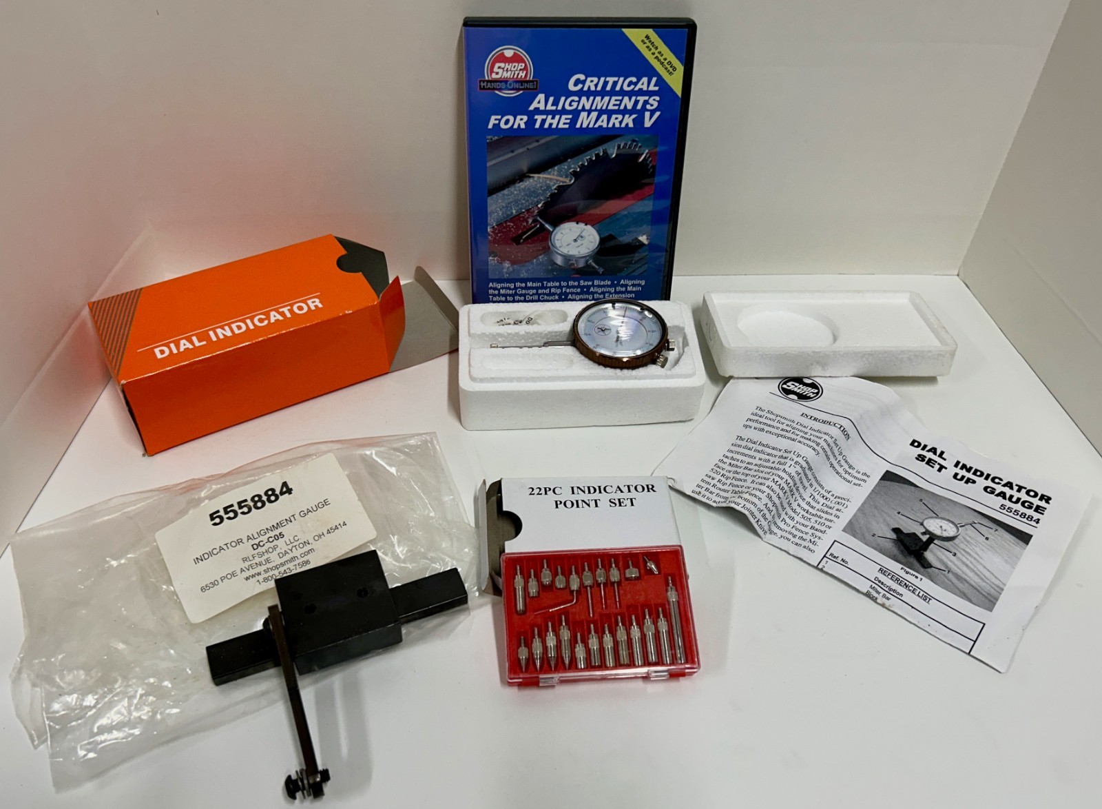 NEW Shopsmith Mark V Critical Alignment Kit 555884 Dial Indicator 22pc Point DVD