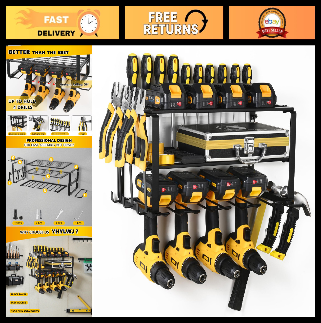 Heavy Duty Wall Mount Power Tool Organizer, 3-Tier Storage Rack for Garage, 4 Dr