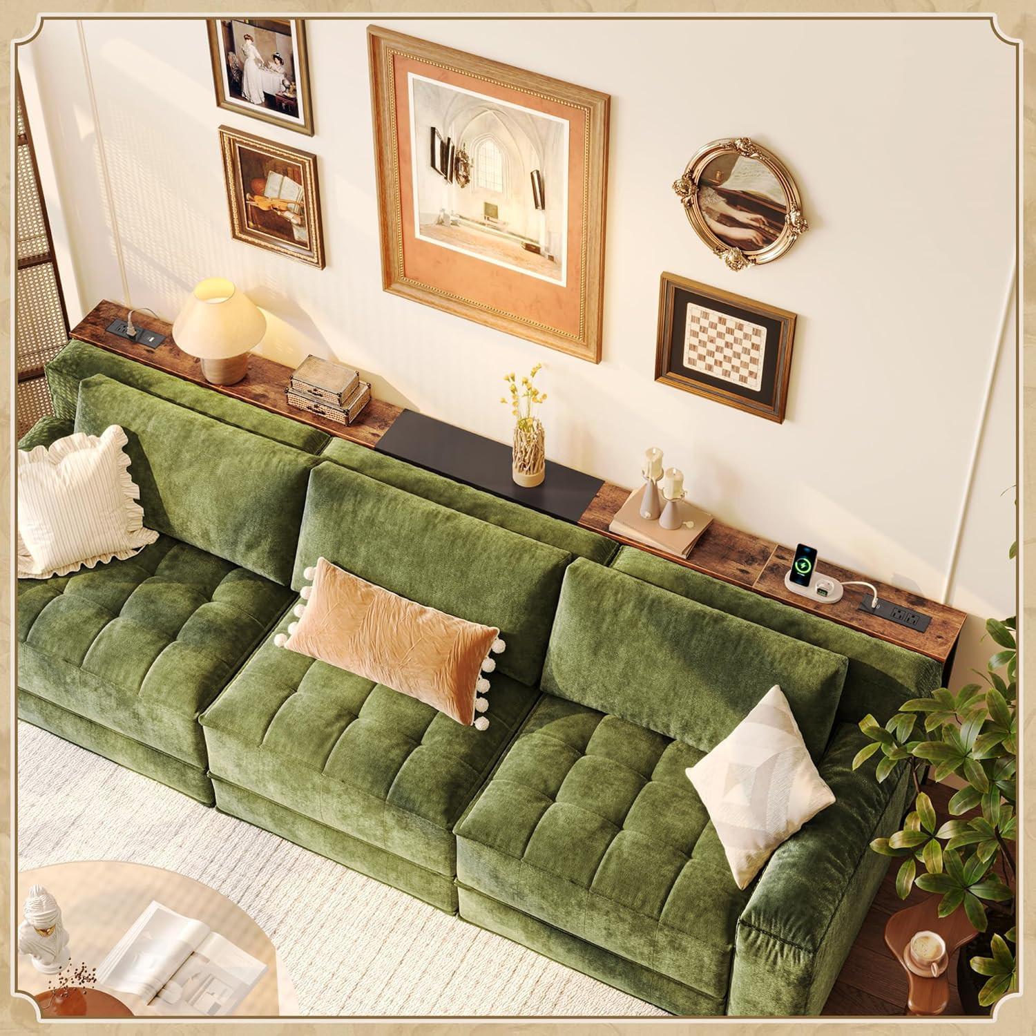 Narrow Sofa Table with 2 Power Outlets, 86.6-110.2 Inch Adjustable Length, behin