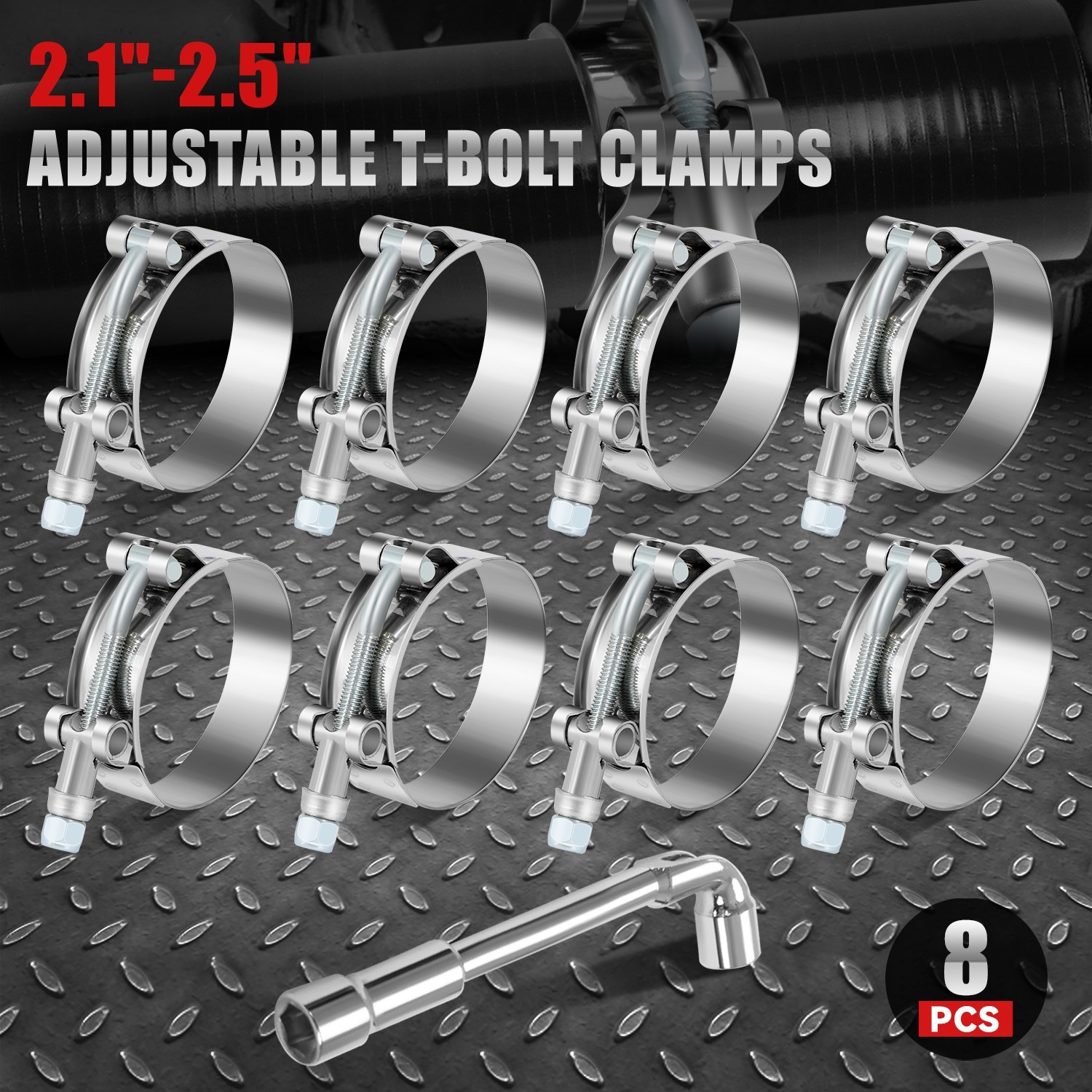 8 Pack 2" ID T304 Stainless Steel T-Bolt Turbo Silicone Hose Clamp + M10 Wrench