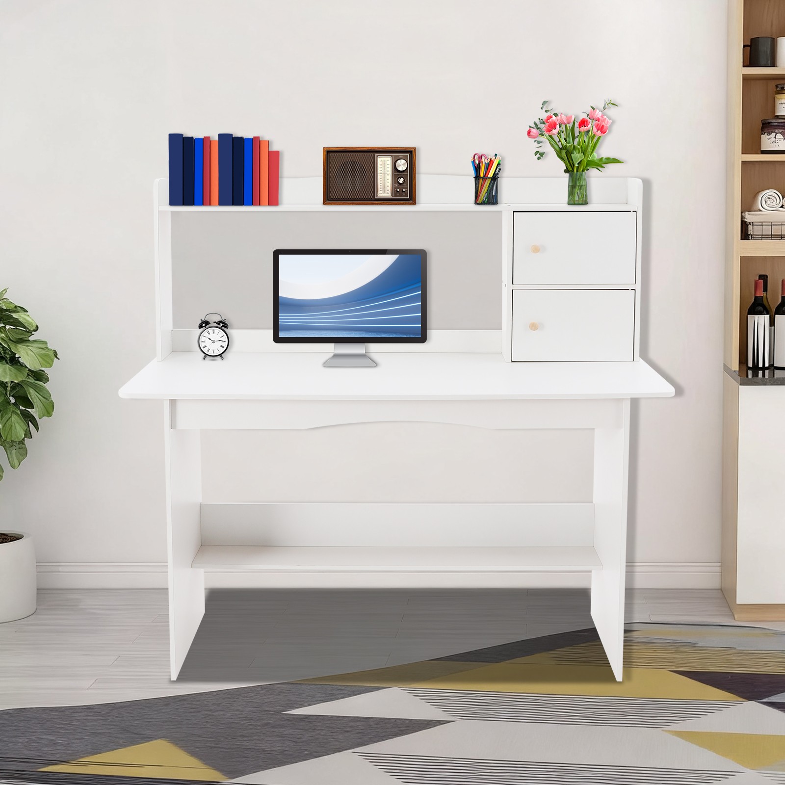 Warm White Computer Desk with 2-tier Shelves Writing Study Desk for Home Office