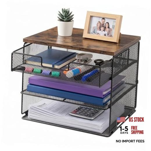 4-Tier Mesh Desk Organizer and Accessories with Drawer Wooden Top Desktop Black