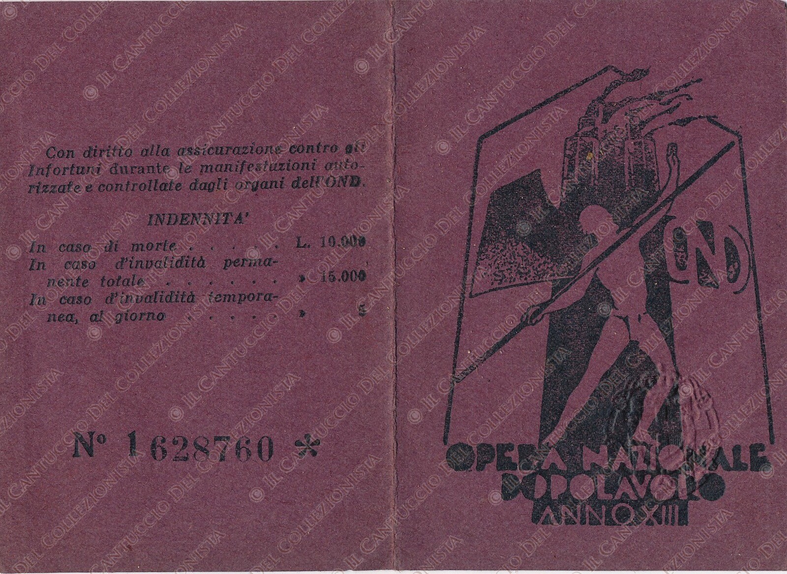 1935 Opera Nazionale Dopolavoro OND anno XIII Fascismo tessera