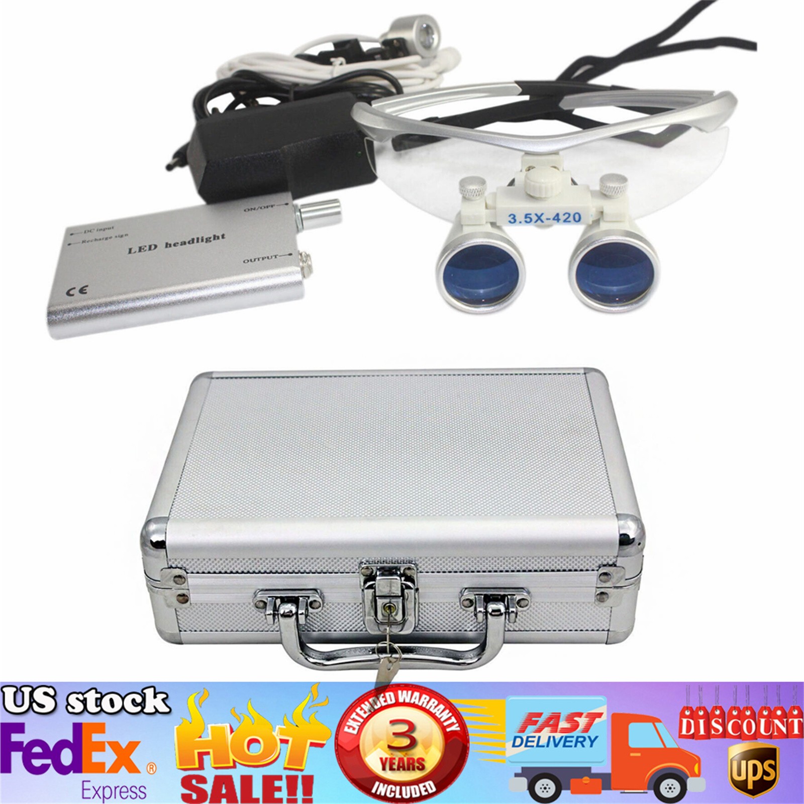 Dental Medical Surgical Binocular Loupe Magnifier Glasses + LED Head Light