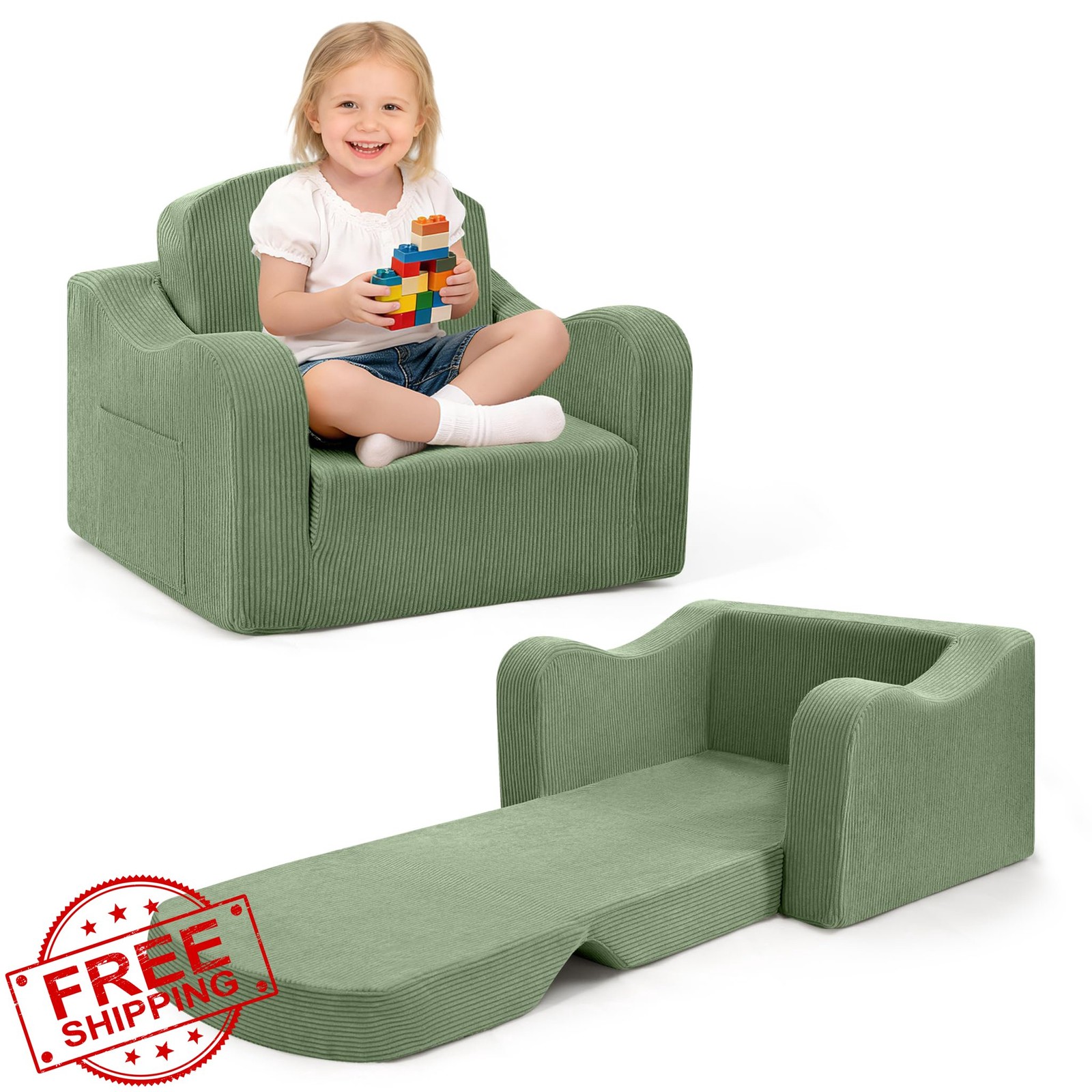 aodisman Toddler Couch Chair 2-in-1 Convertible Lounger Green