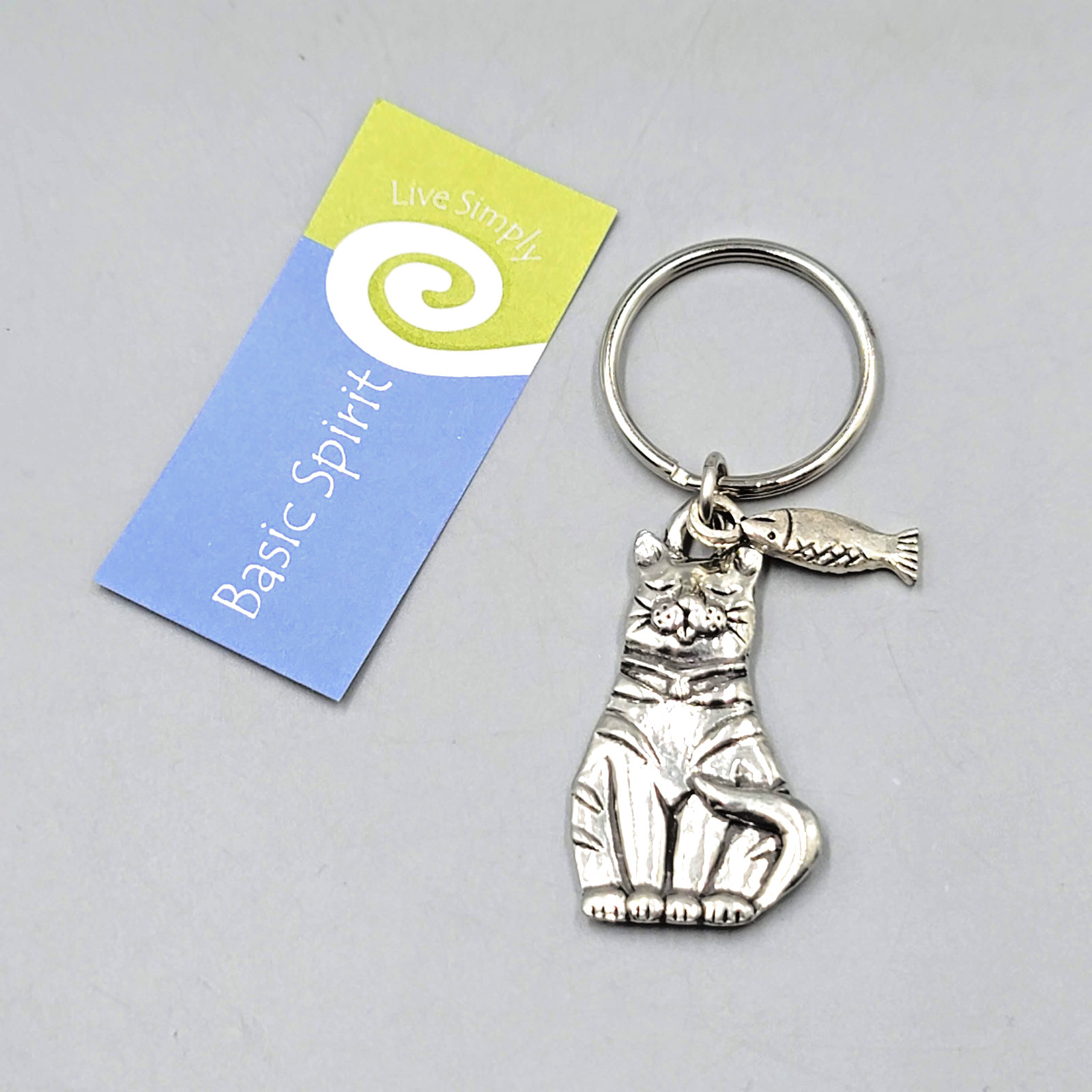 Basic Spirit Live Simply Cat Fish Pewter Keychain Key Ring Silver Tone NWT