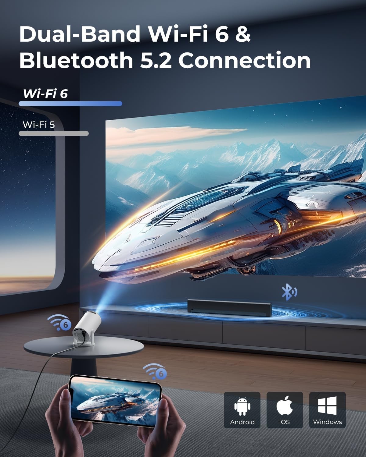 Mini Projector with WiFi and Bluetooth, Built-in Apps, Smart Portable Project...