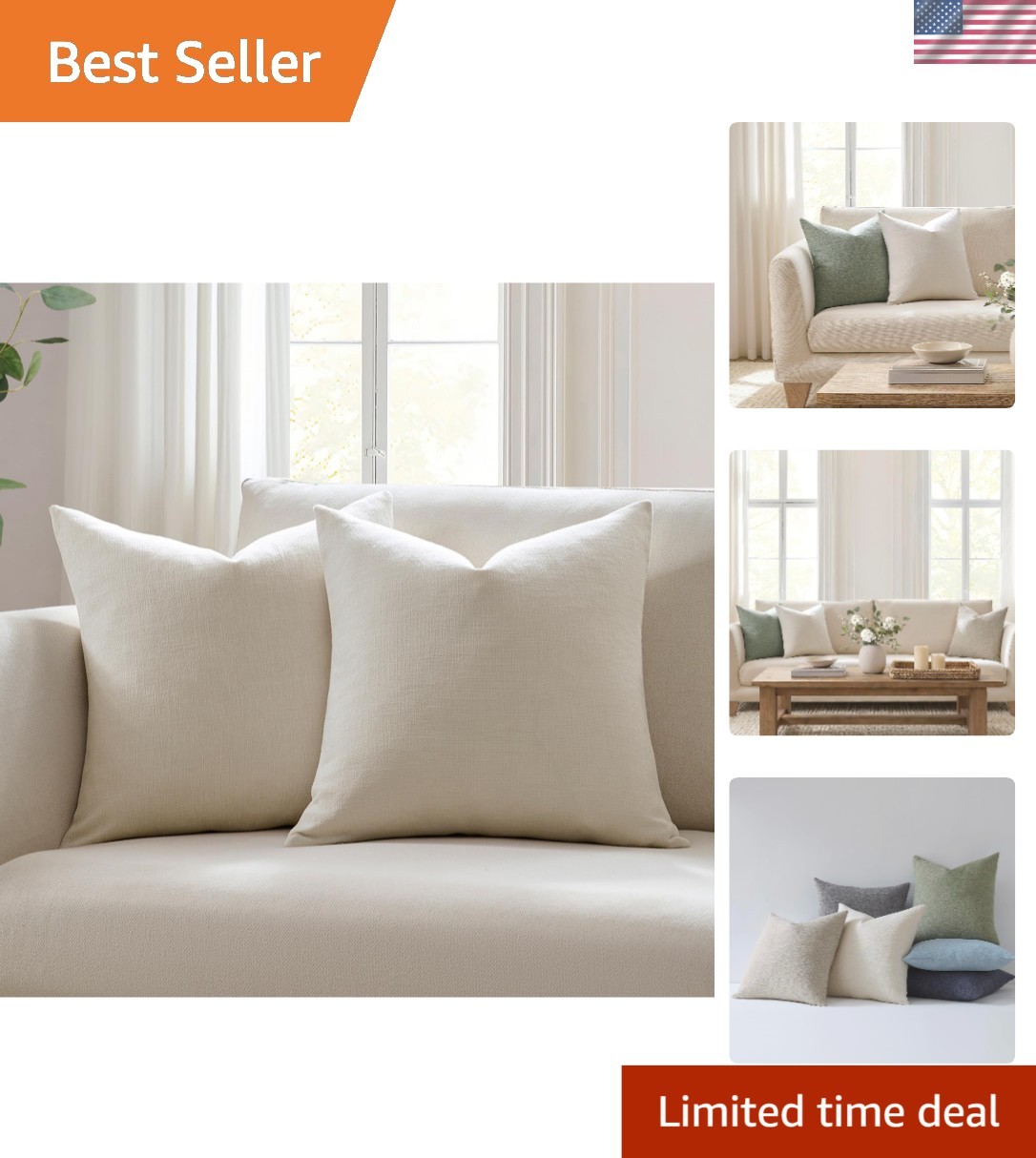 Elegant Ivory Linen Blend Pillow Covers 18x18 – Set of 2 for Cozy Spaces