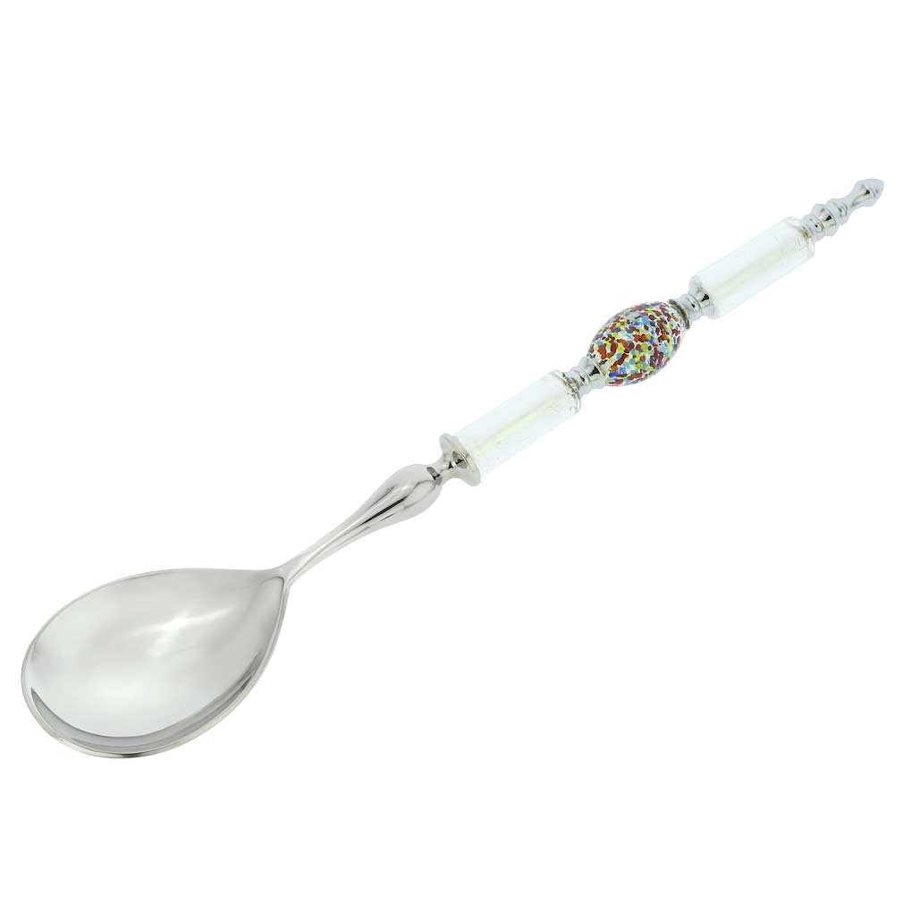 GlassOfVenice Italian Murano Glass Salad Spoon - Silver White Confetti