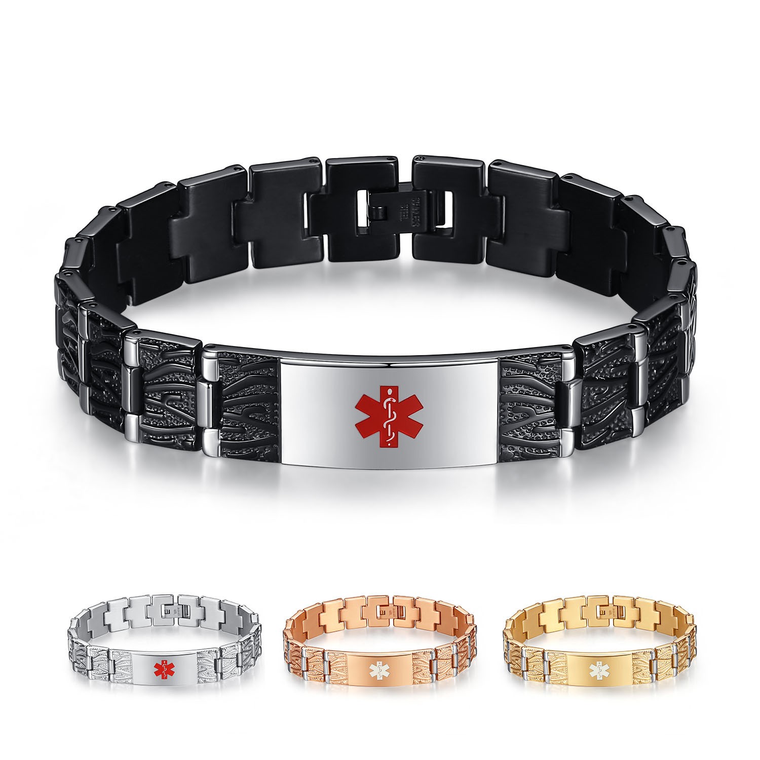 CUSTOM ENGRAVE! Stainless Black, Rose, Gold Medical Mens Unisex Link Bracelet