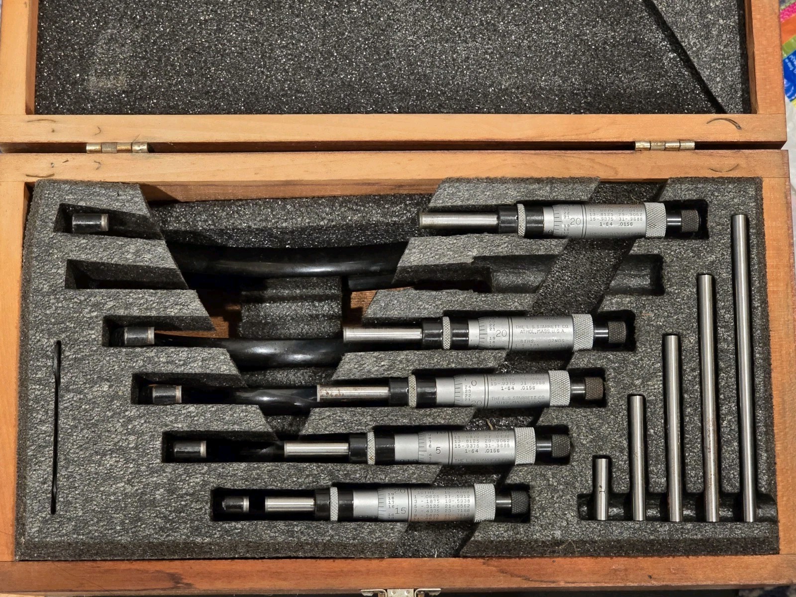 STARRETT No. 436 MICROMETER SET 0-6 Inch with Wrench +Wood Box | 1 Missing