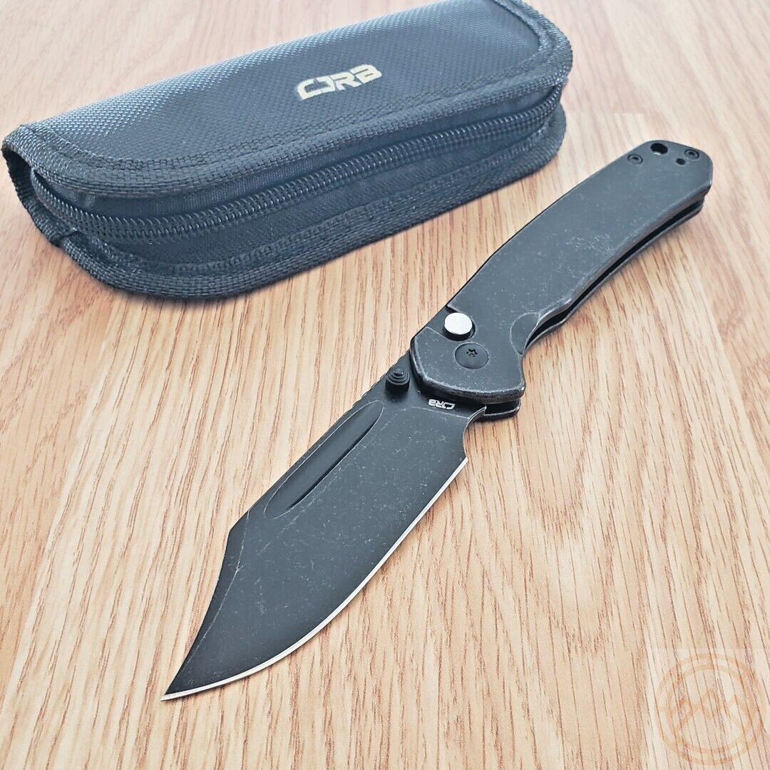 CJRB Pyrite Folding Knife 3.13" AR-RPM9 Steel Bowie Blade Black Stainless Handle