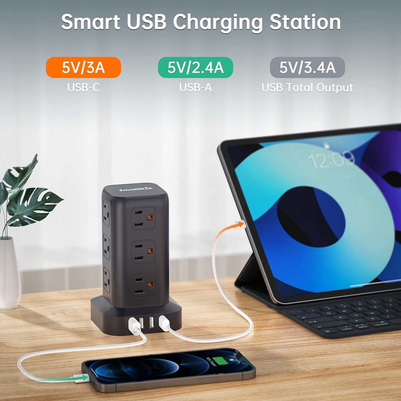 Extension Cord with Multiple Outlets, Surge Protector Power Strip Tower, 12 A...