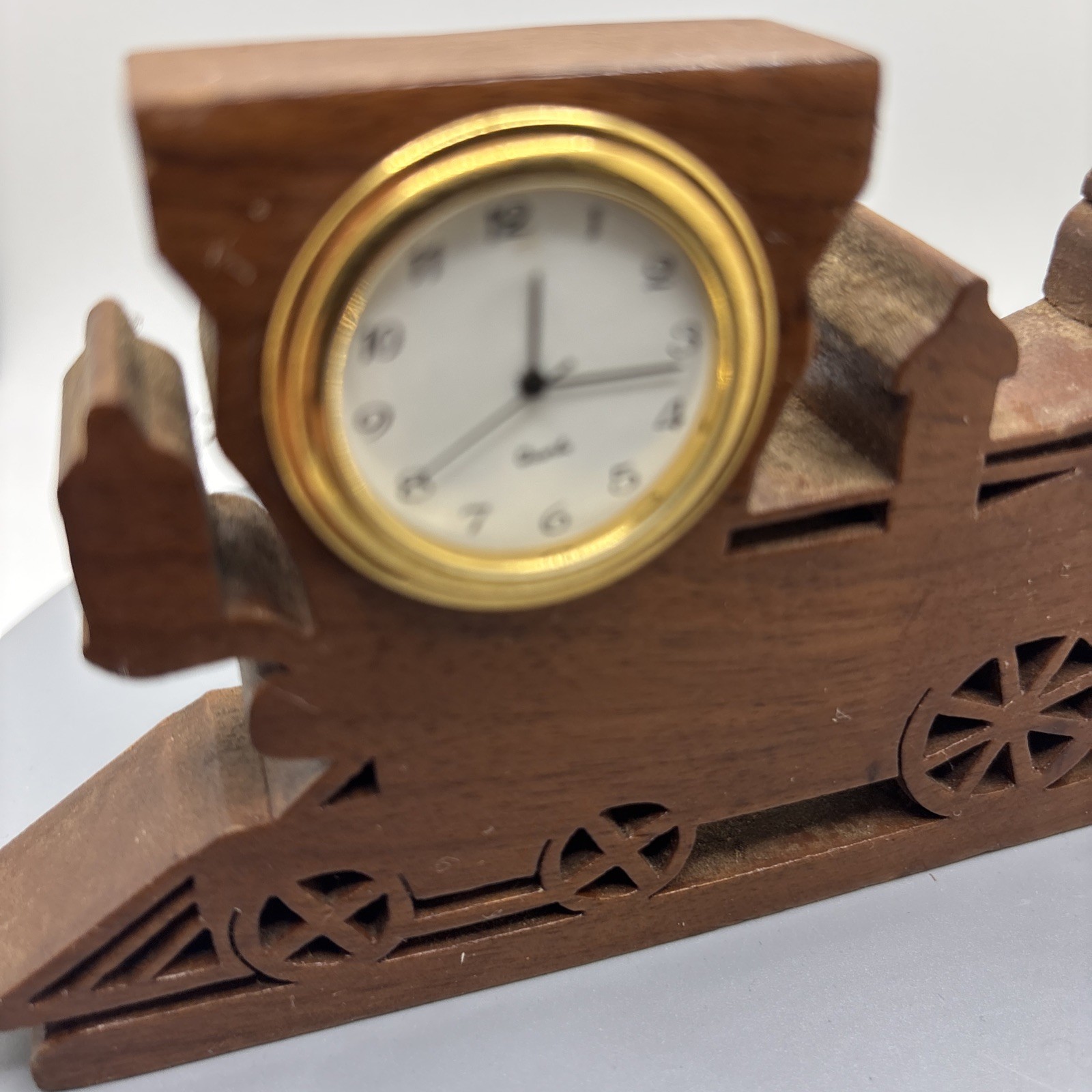 HAND CRAFTED WOODEN TRAIN LOCOMOTIVE WITH CLOCK INSERT SIGNED