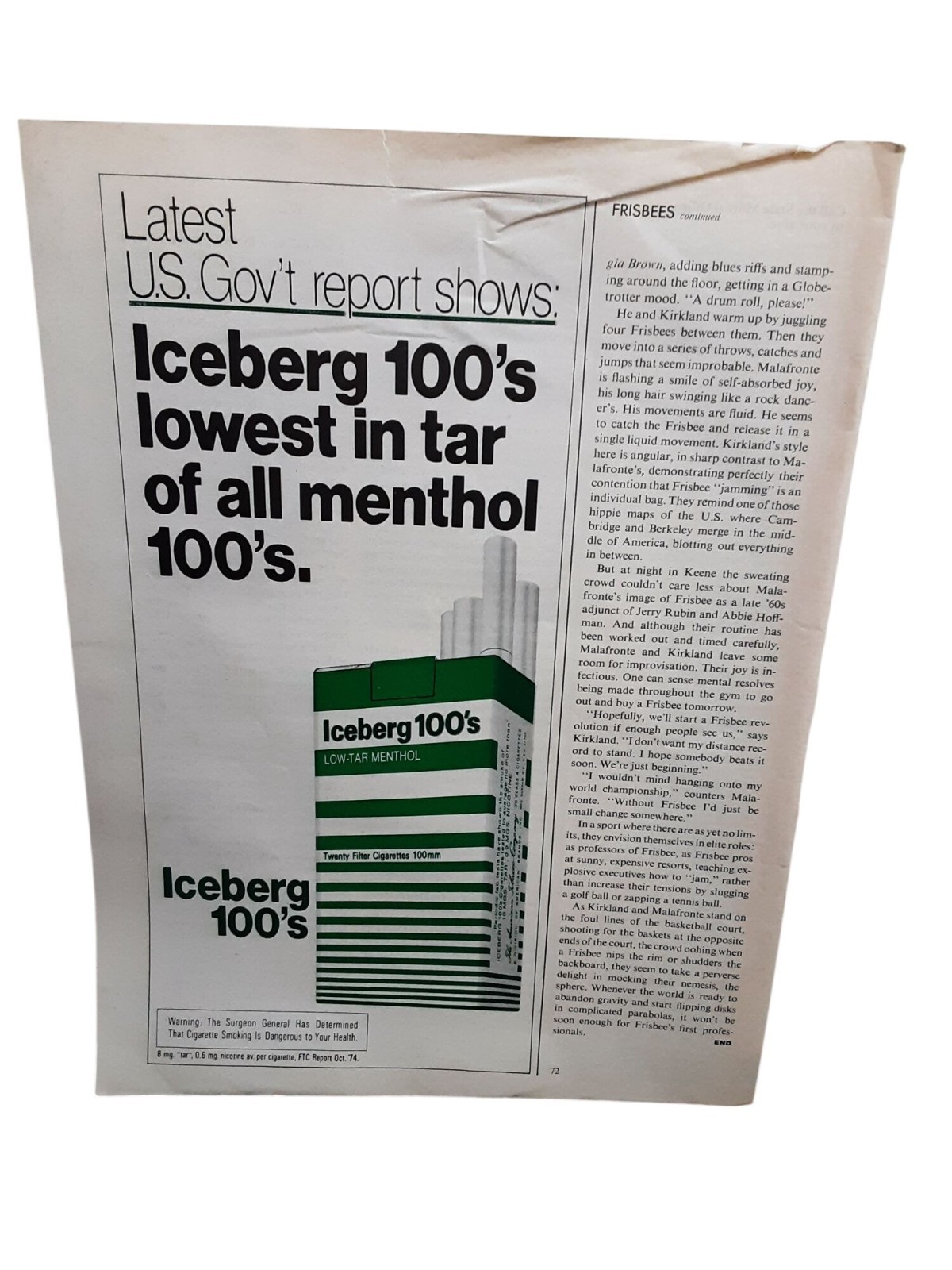 1975 Iceberg 100s Low Tar Menthol Cigarette Vintage Print Ad