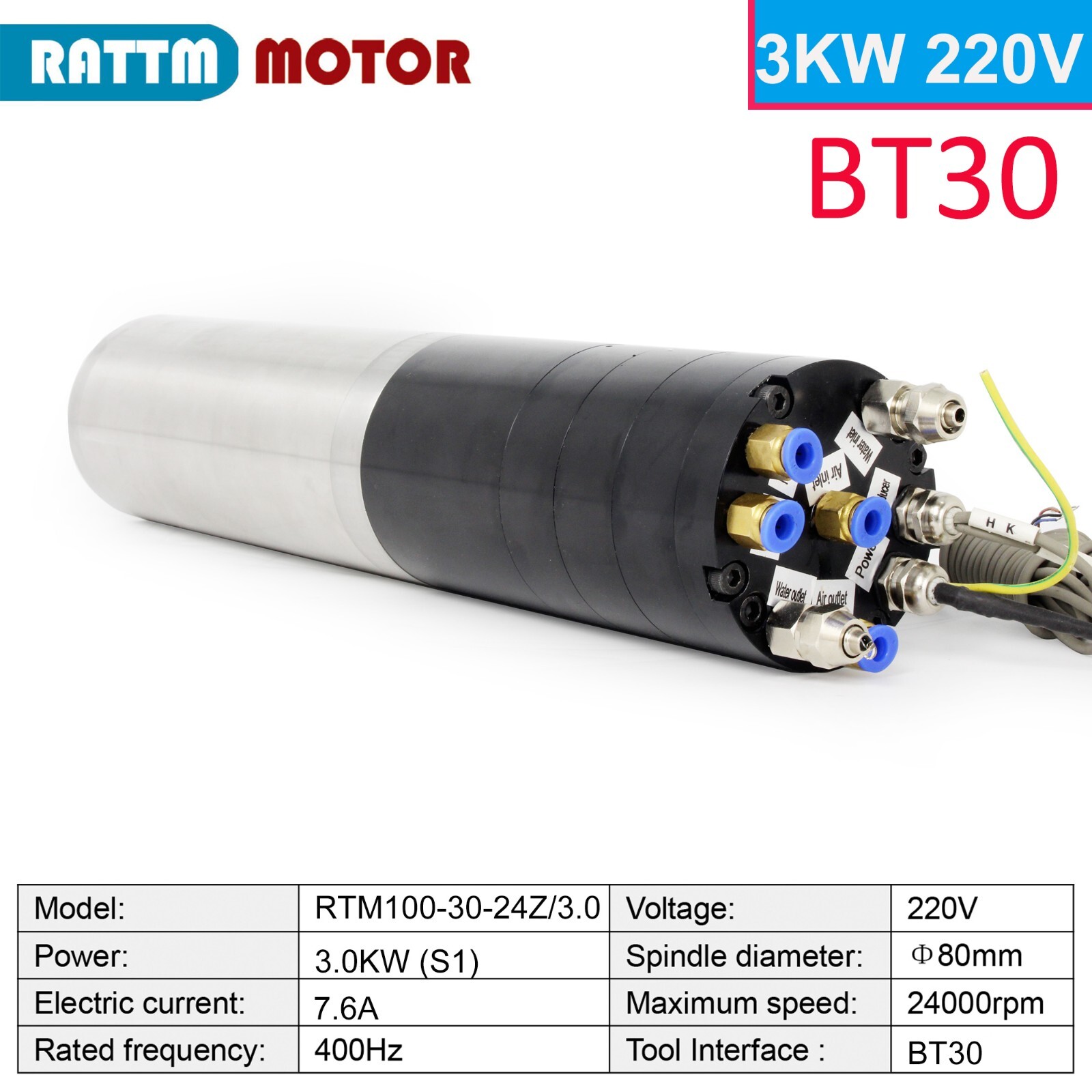 3KW BT30 220V CNC Router Milling ATC Water Cooled Spindle 24000RPM 400Hz 80MM