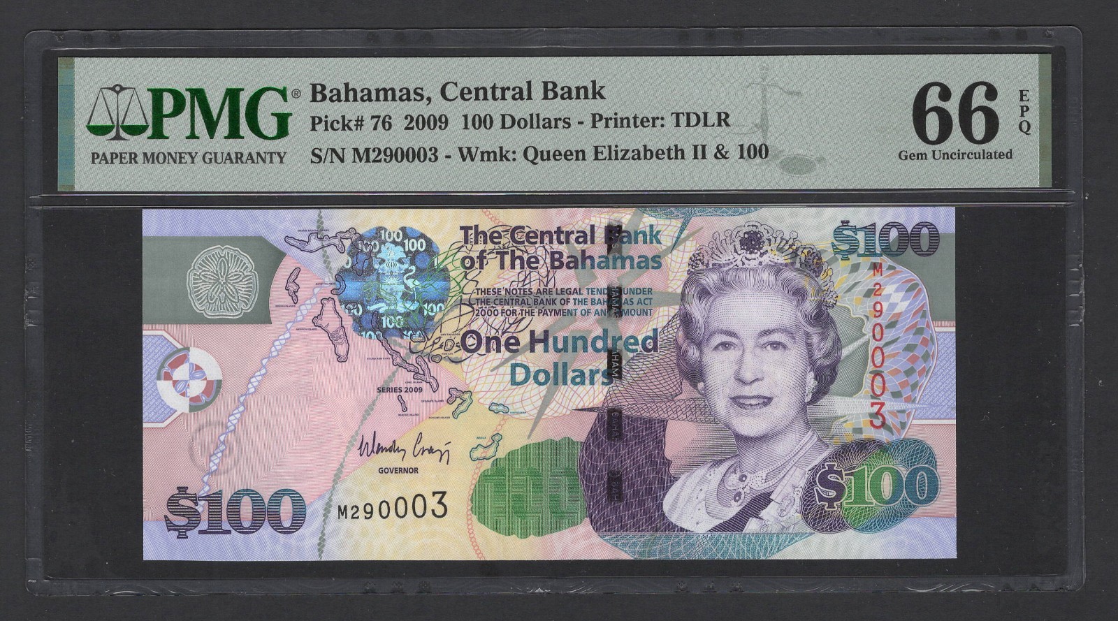 Bahamas 100 Dollars 2009 P76 Uncirculated Graded 66
