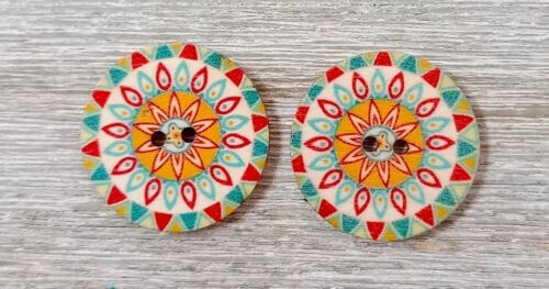 boho wood flowers buttons sewing 2 holes 1 inch red blue (set #1106)