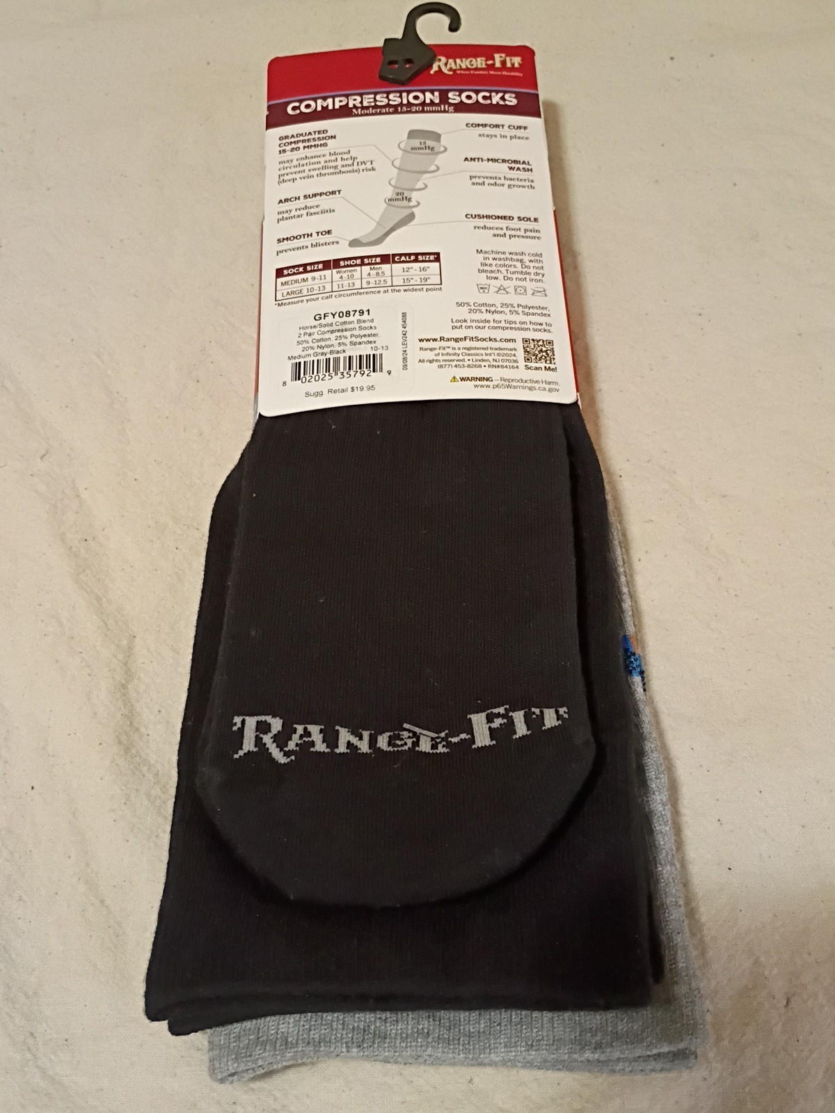 Range-Fit Compression Socks Knee High Size 10-13 15-20 mmHg 2 Pair D12