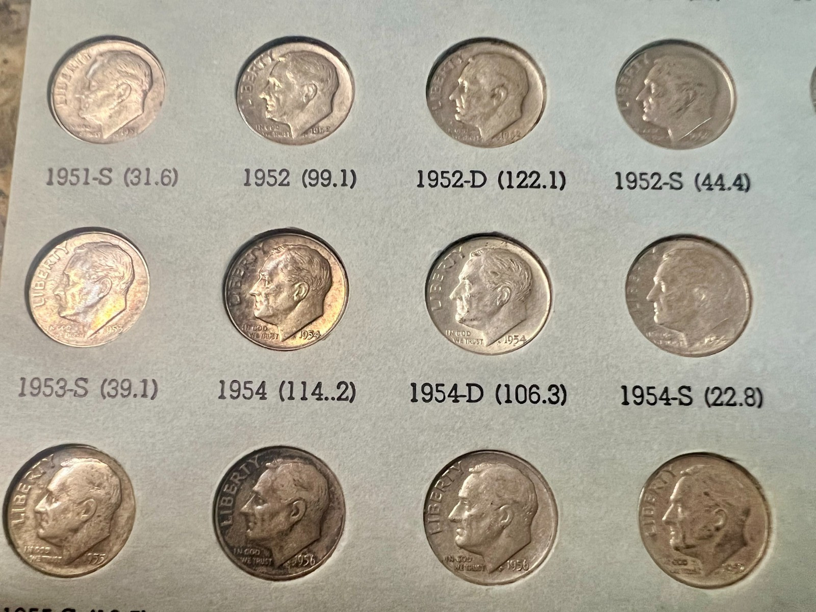Roosevelt Dimes Set 1946-2004: 48 Silver Coins Total plus 79 Clads, Some Toned