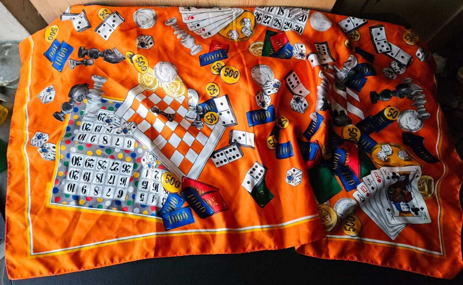 GAMBLING GAMES MONEY SCARF. VIBRANT COLORS. CARDS, CHESS, CRAPS, BINGO, IMAGES