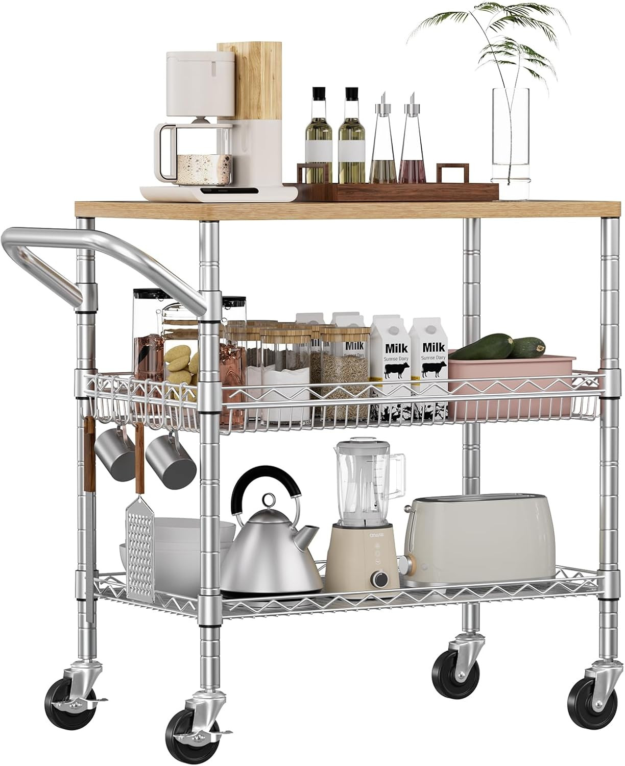 3 Tier Rolling Kitchen Carts with Wheels, Heavy Duty Rolling Utility Cart with W
