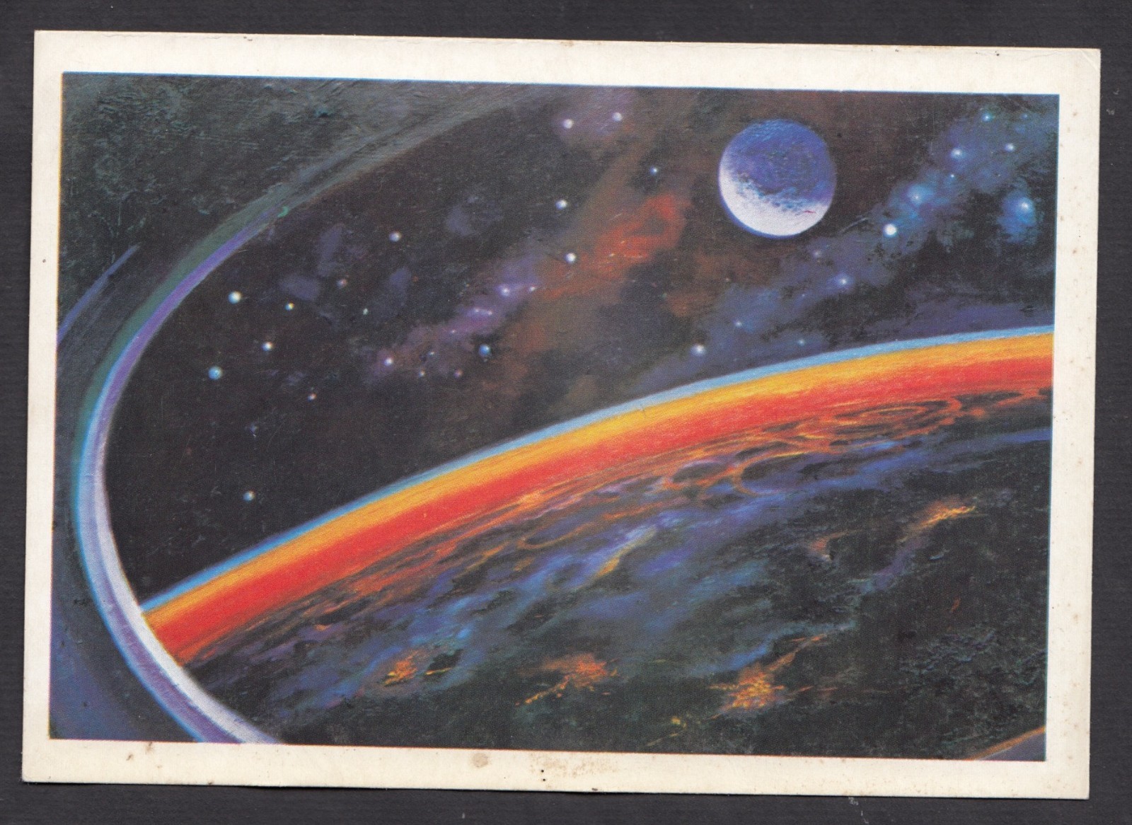 1973 Sputnik Soviet Space Ship view out on Earth planet  art A. Leonov postcard
