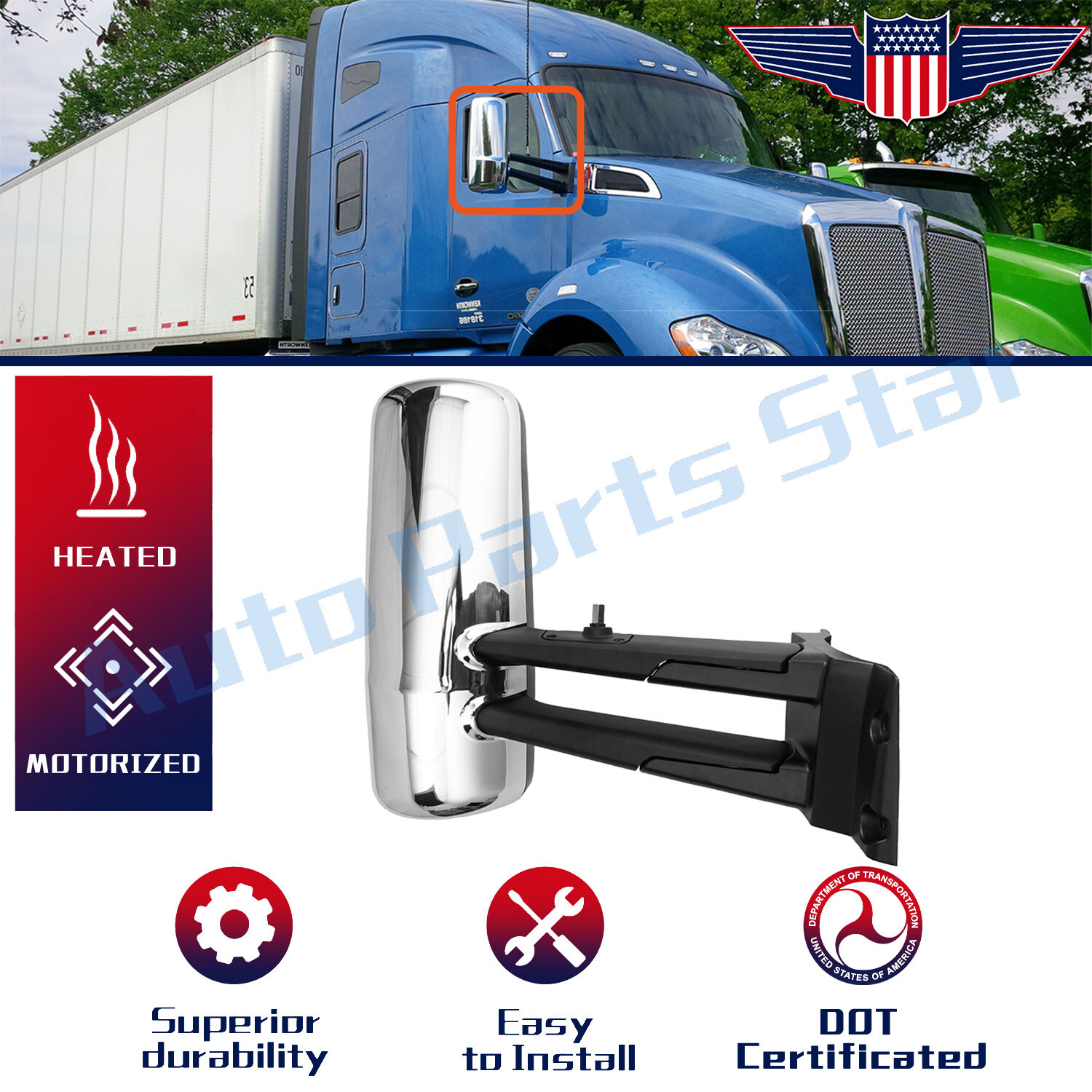 Door Mirror Chrome Heated WITH Arm For Kenworth T680 T880 Passenger Right Side