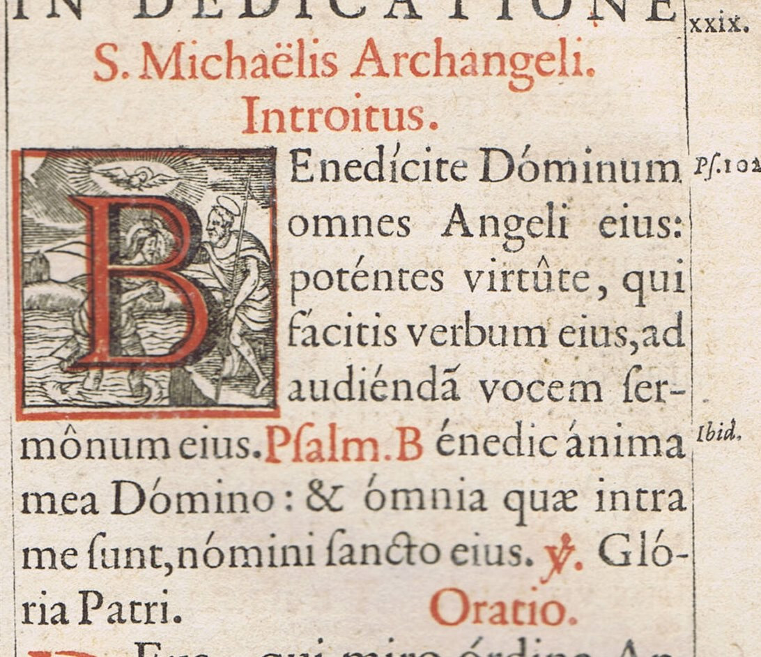 1626 Missal Leaf - Archangel Saint Michael -Woodcut Initial B