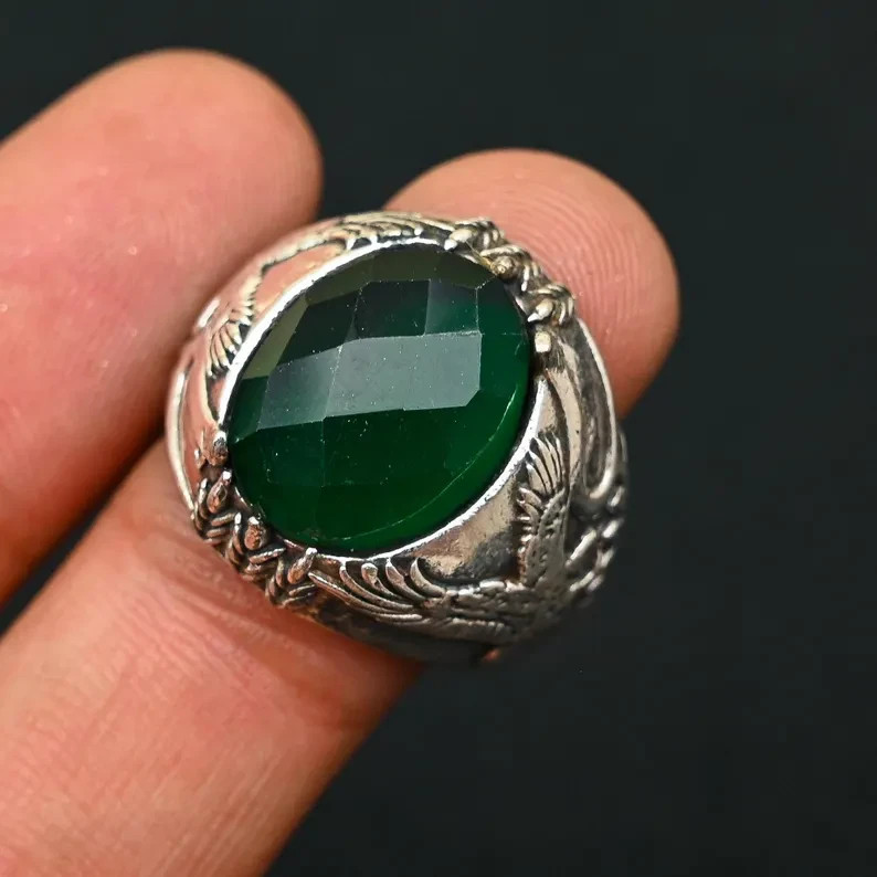 Solid 925 Sterling Silver Green Emarld Ring Handmade Popular Gift Men's Ring B62