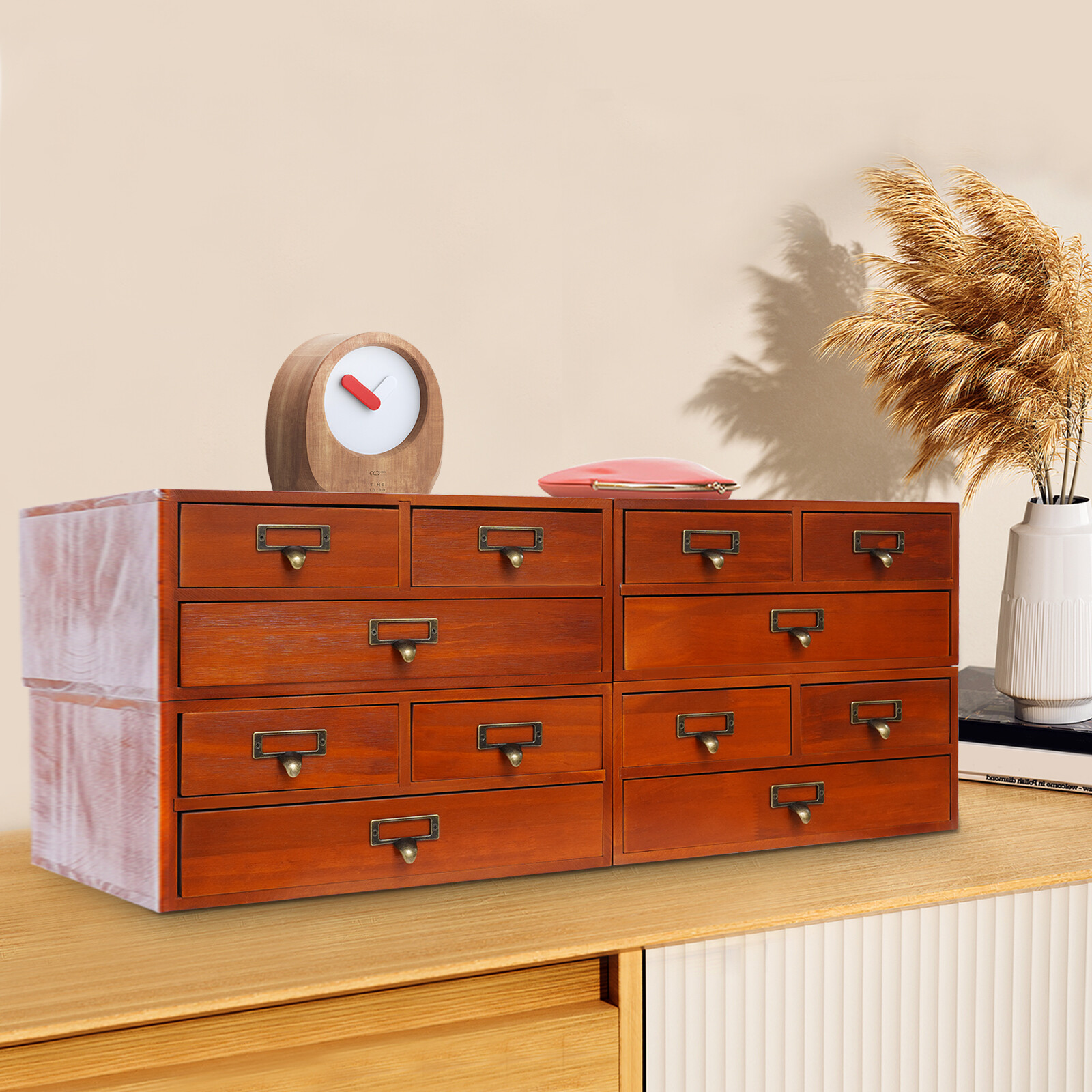4 Pack Wooden Desktop Organizer 3 Drawer Storage Box For Tabletop Brown 10kg NEW