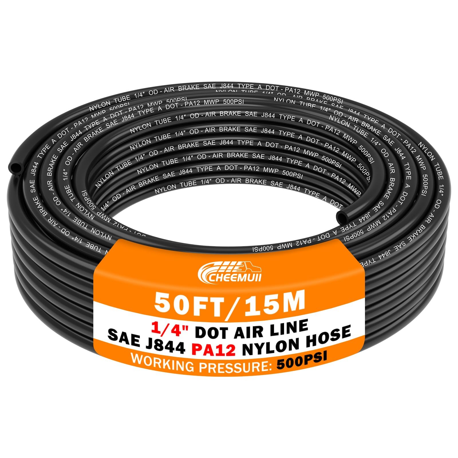 CheeMuii 50 FT 1/4 Pneumatic Tubing 1/4" PA12 Nylon DOT 1/4"OD-50FT, Black