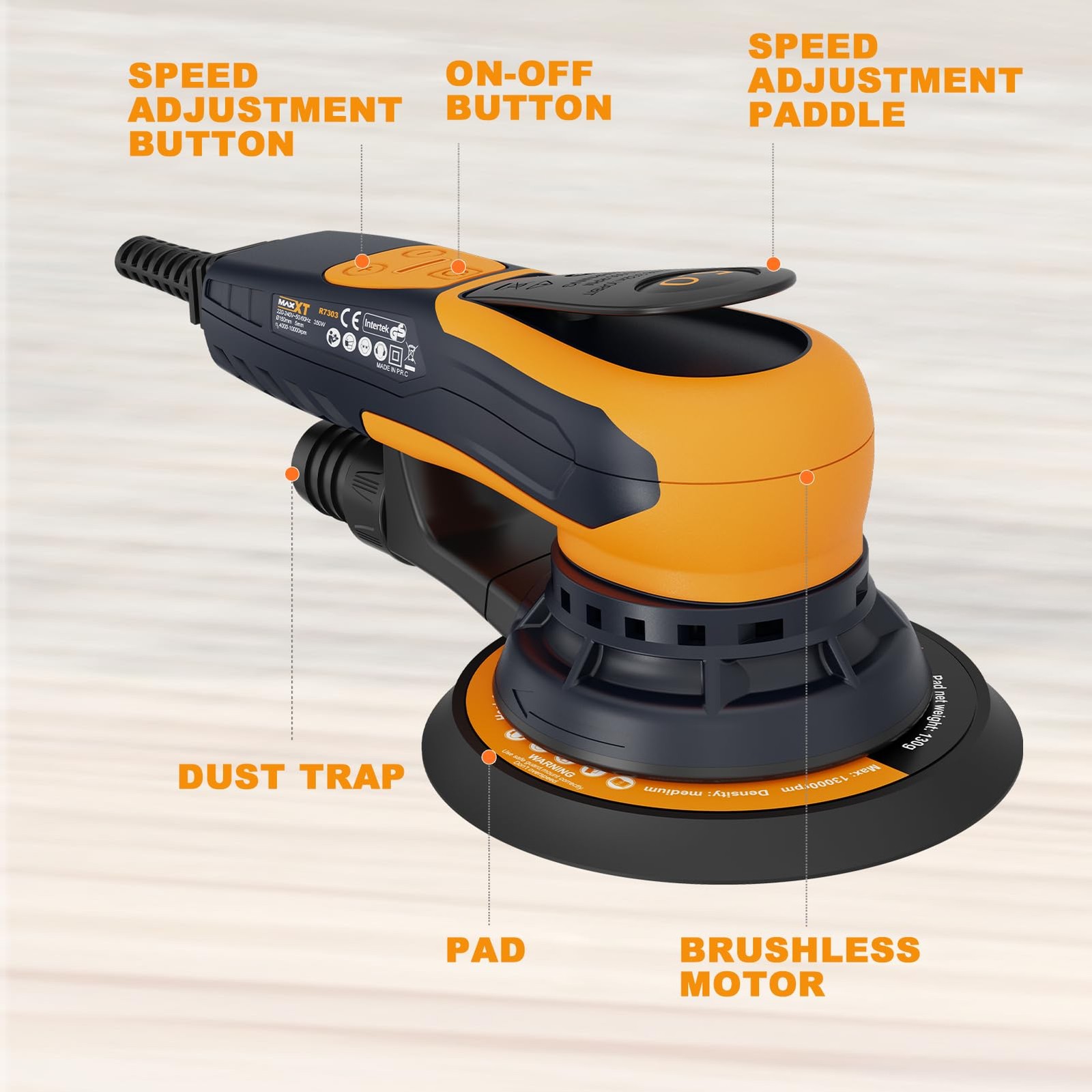 5mm Random Orbit Sander 350W, Brushless Motor, Variable Speed Electric Orbit ...