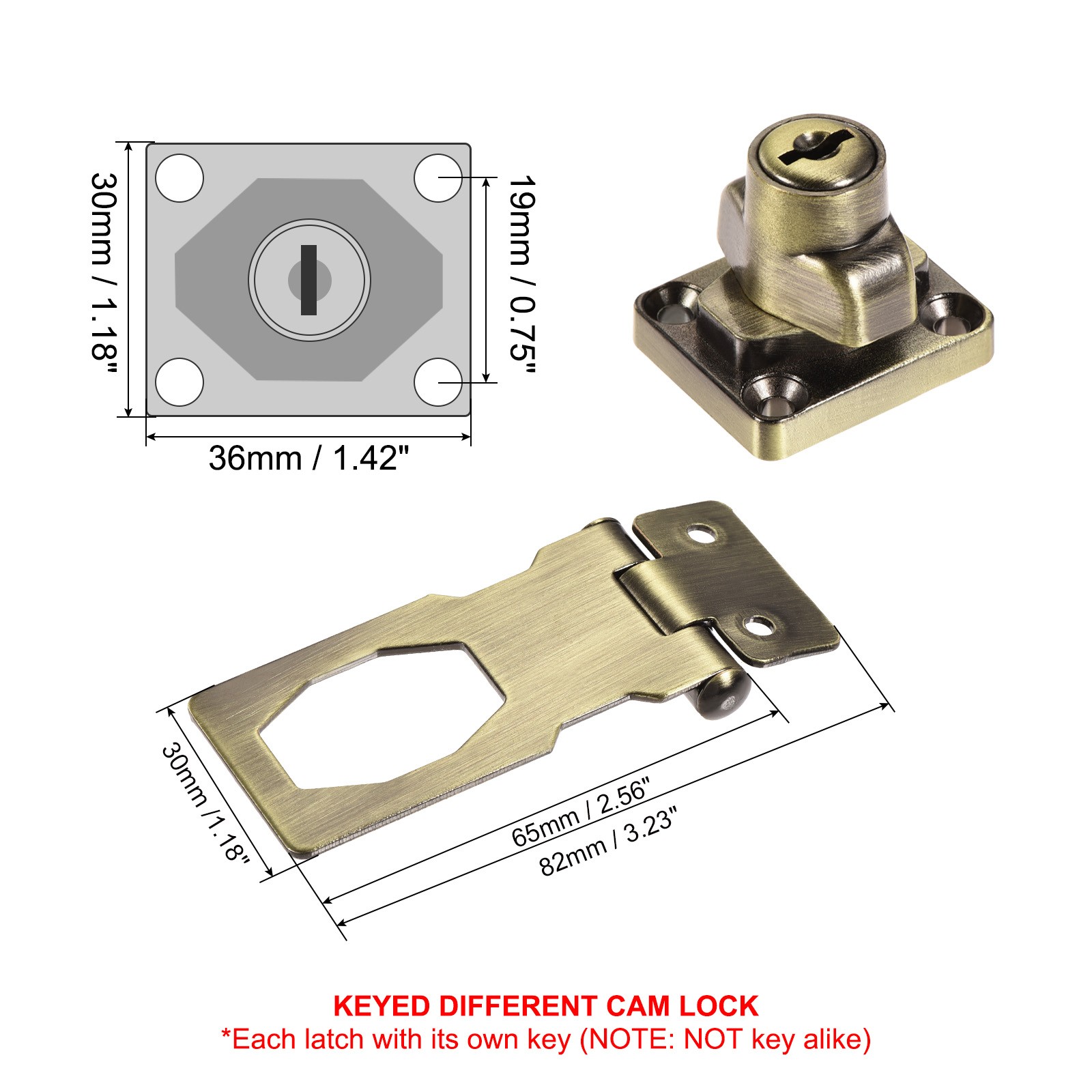 2Pcs 2.5Inch Keyed Hasp Locks Twist Knob Locking Keyed Different, Bronze