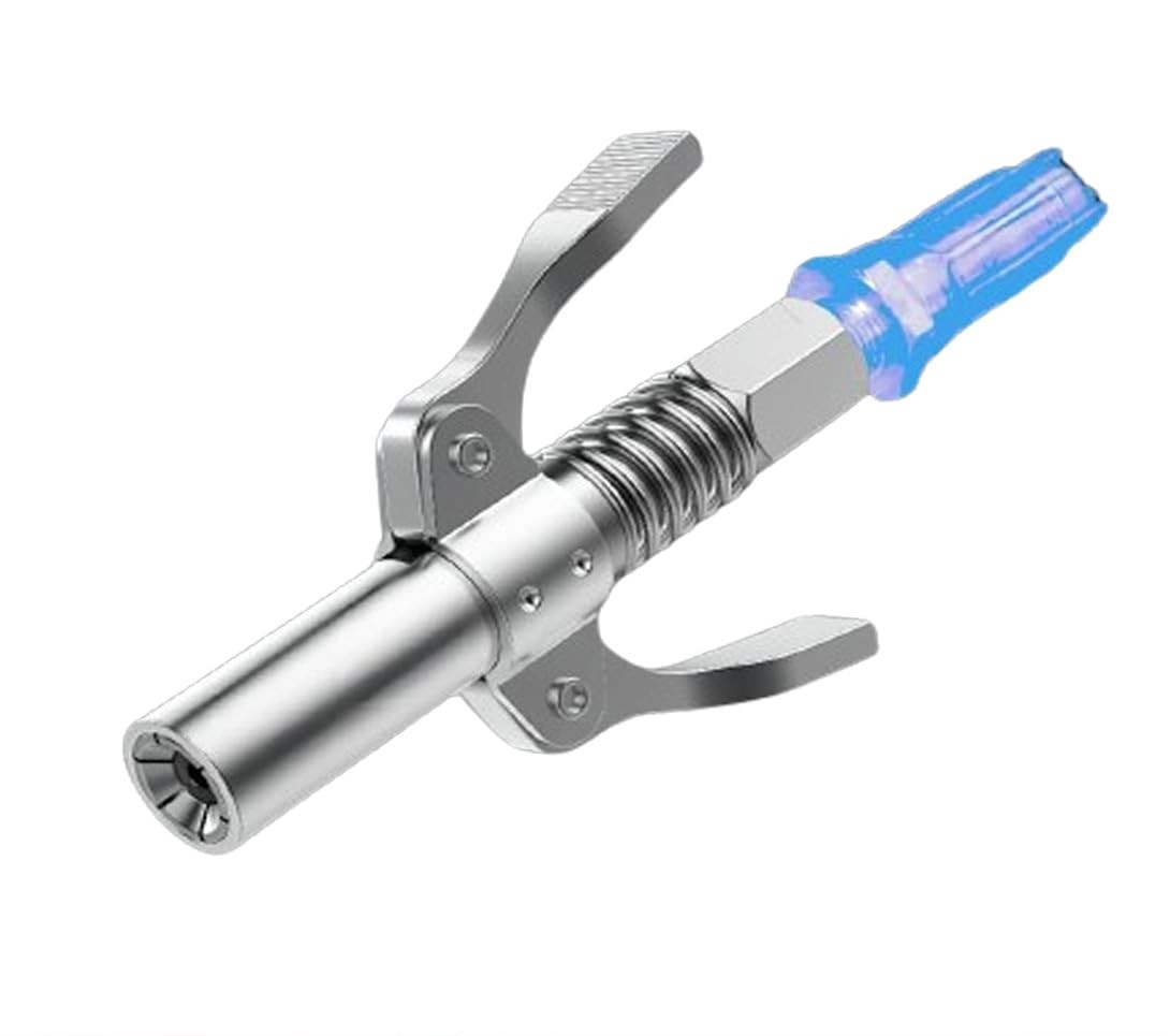 Locking grease gun coupler allows for easy release of from grease...