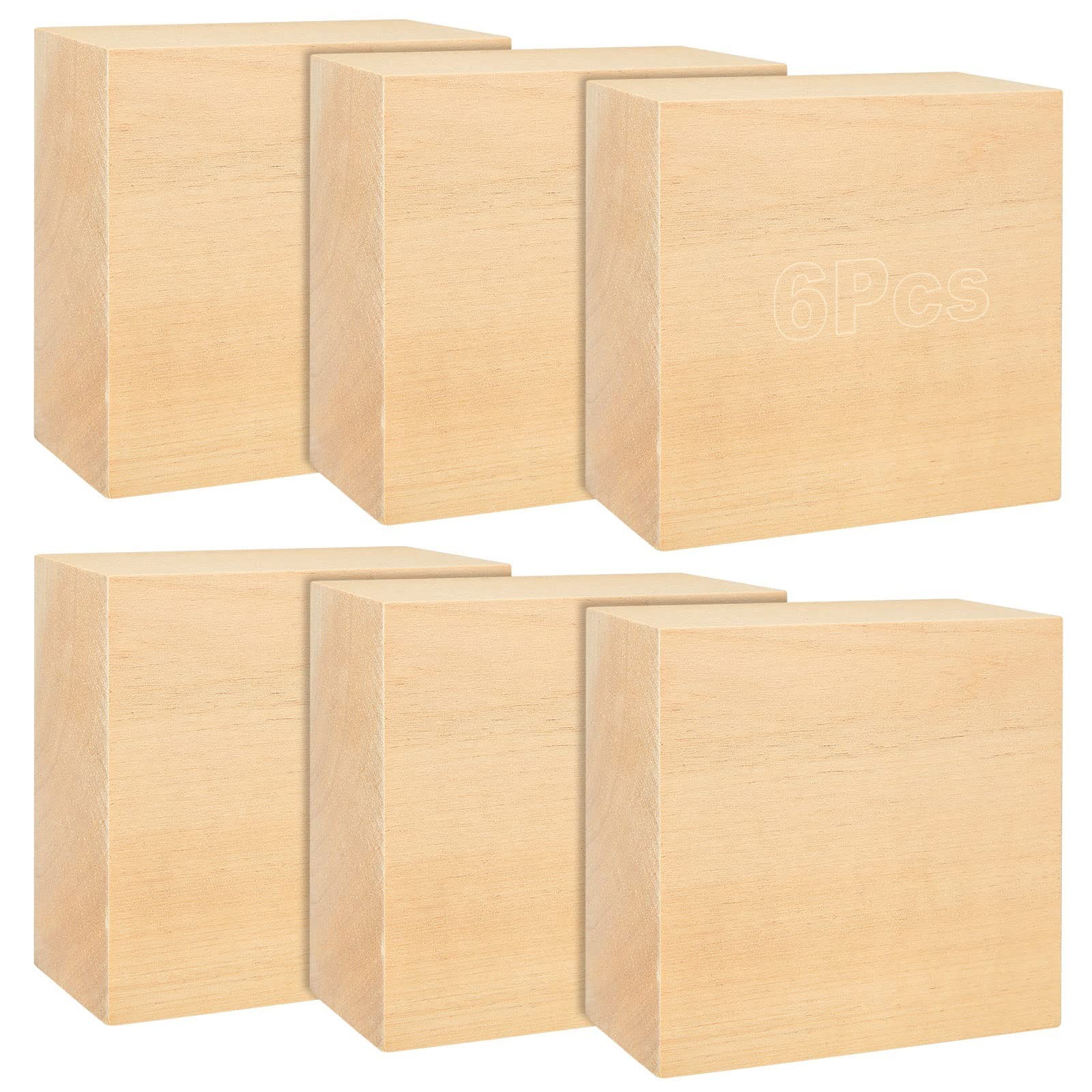 6PCS 4x4x2 inch Basswood Carving Blocks, Unfinished Wood Blocks for Crafts, U...