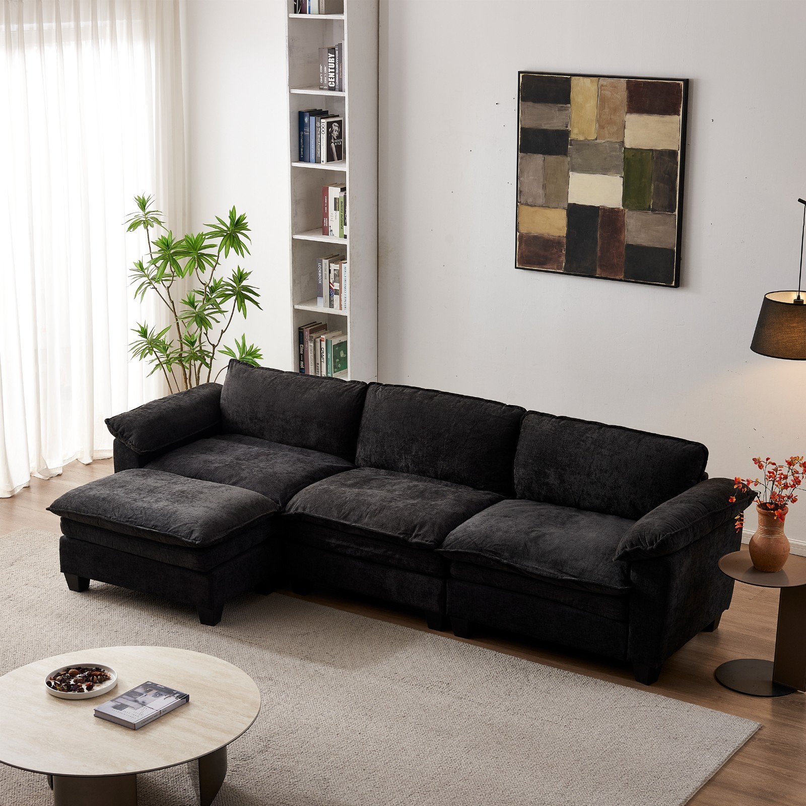 3-Seater L Shape Sectional Sofa Chenille Modular Couch With Movable Ottoman